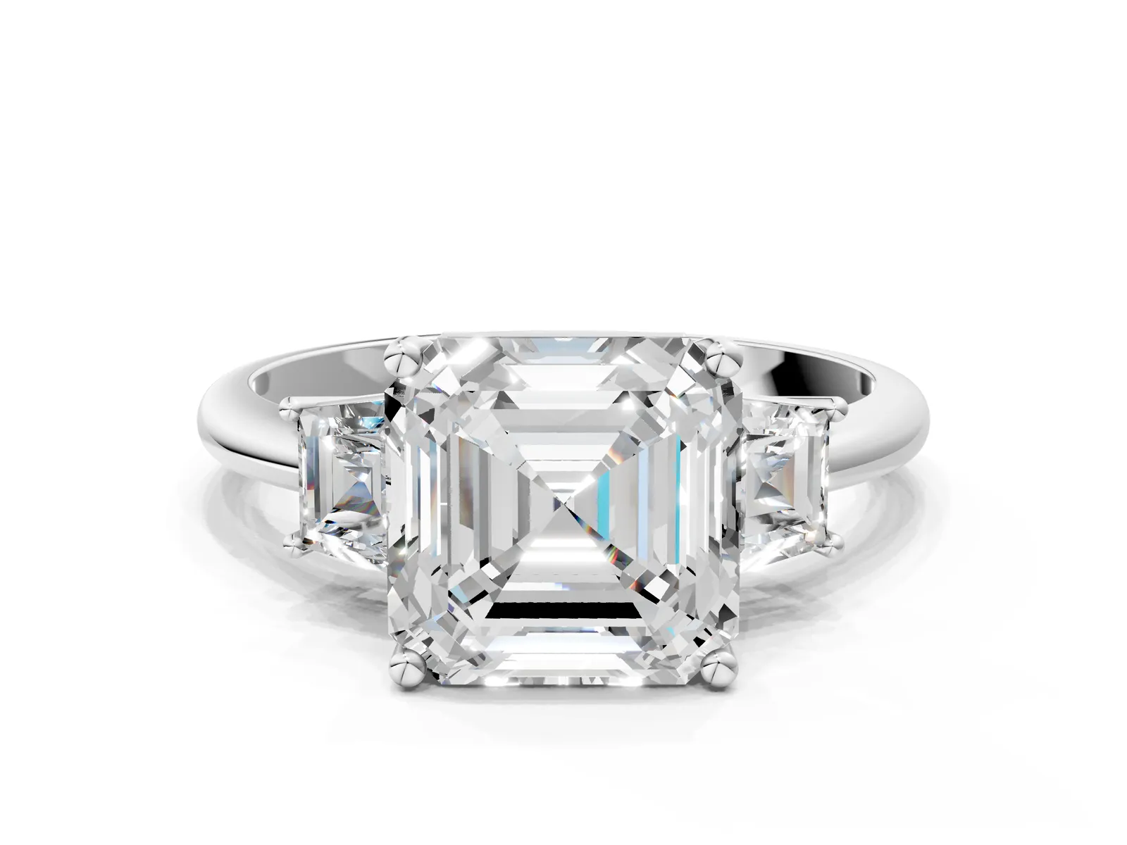Asscher Cut Diamond Three-Stone Ring with Trapezoid Side Stones and Prong Setting Platinum