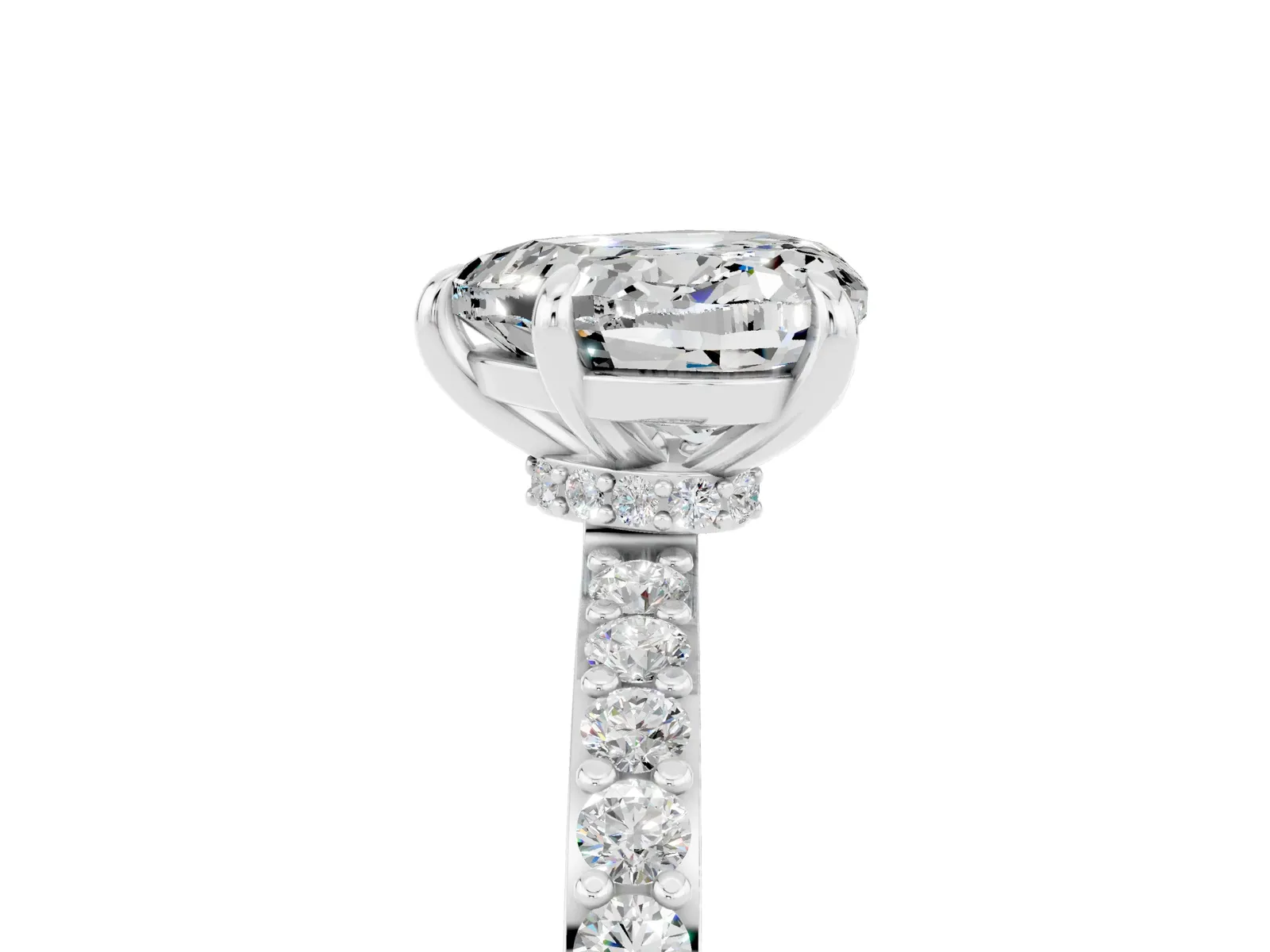 Heart Cut Moissanite Solitaire Engagement Ring with Pavé Band and Four-Prong Setting Platinum