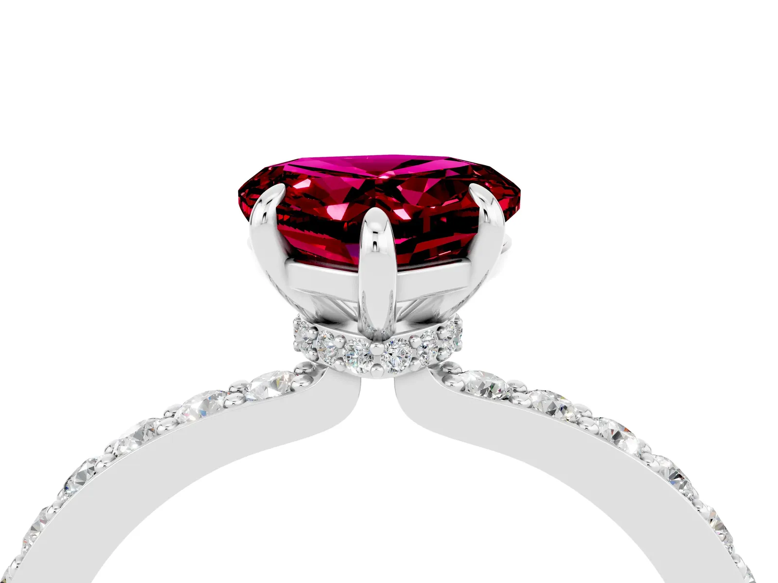 Heart Cut Garnet Solitaire Engagement Ring with Pavé Band and Four-Prong Setting Platinum