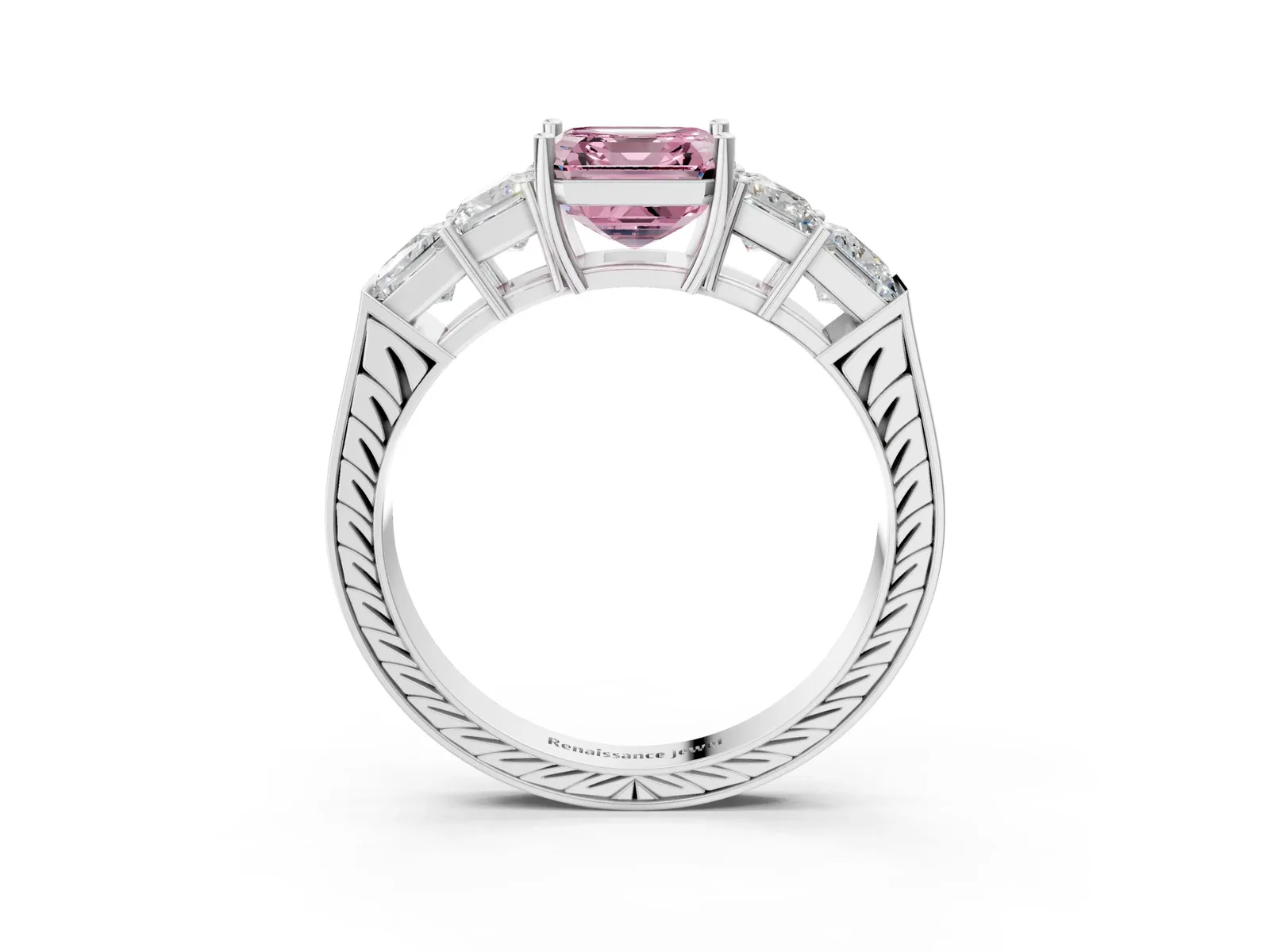 Fancy Pink Asscher Cut Solitaire Princess Side Stone Engraved Band Prong Setting Ring Platinum