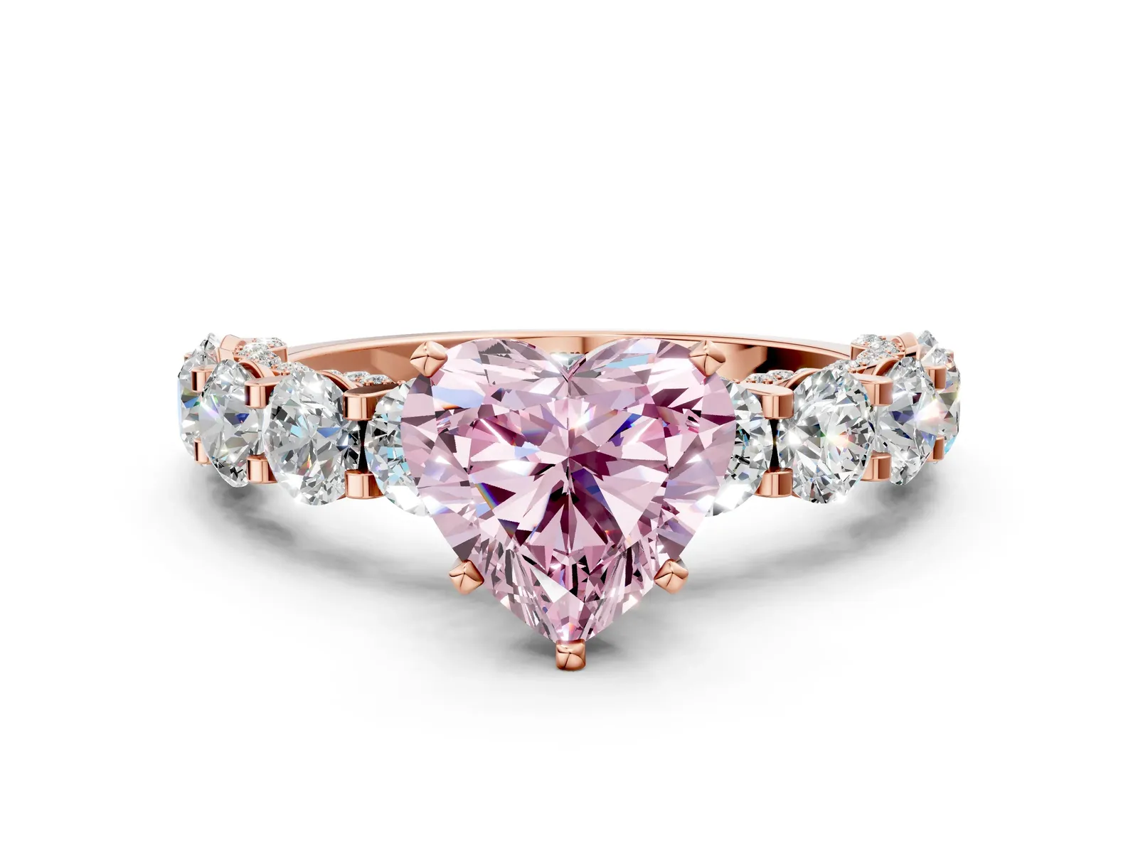 Fancy Pink Heart Cut Diamond Side Stone Engagement Ring with Four-Prong Setting Rose gold