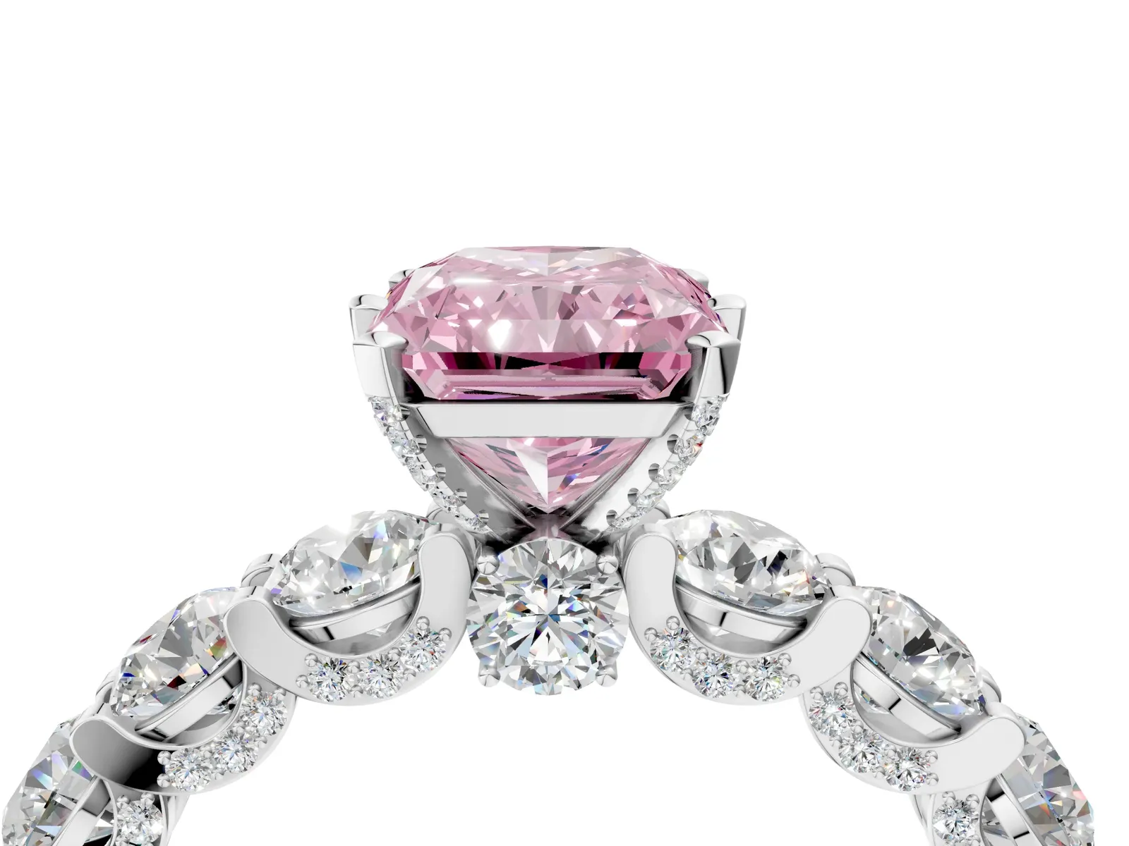 Fancy Pink Radiant Cut Diamond Side Stone Engagement Ring with Four-Prong Setting Platinum