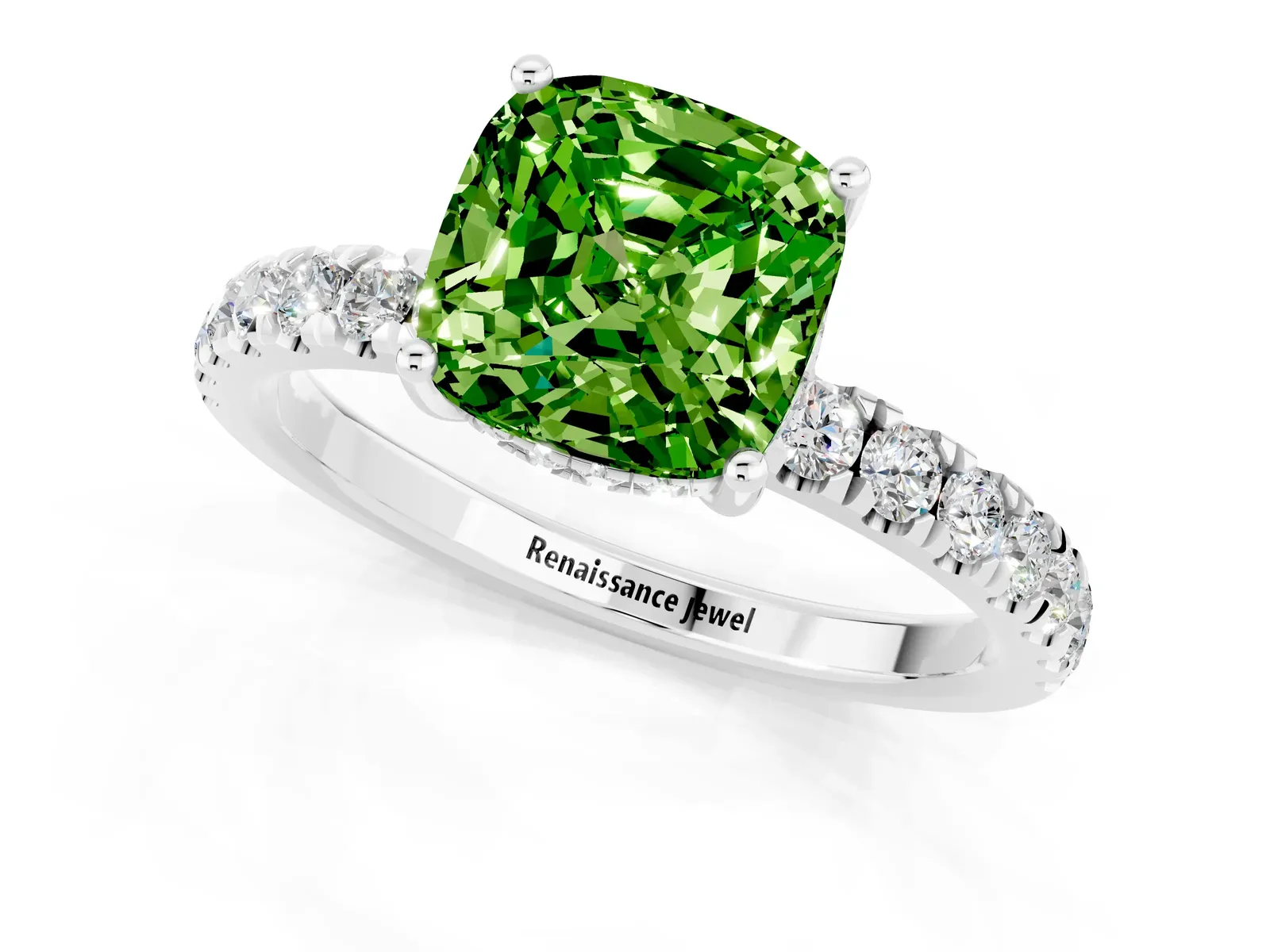 Cushion Cut Peridot Pave Band Solitaire Ring with Round and Prong Setting Platinum