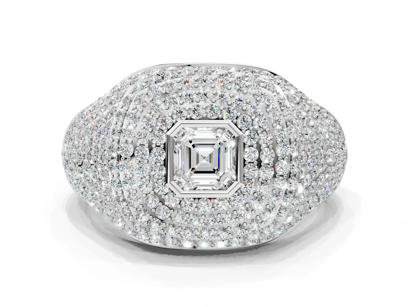 Asscher Cut Diamond Bezel Set Pavé Dome Mens Ring White gold
