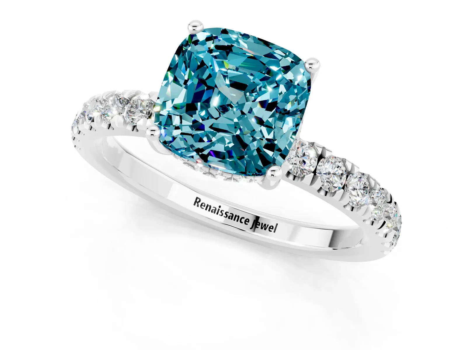 Cushion Cut Blue Topaz Pave Band Solitaire Ring with Round and Prong Setting Platinum