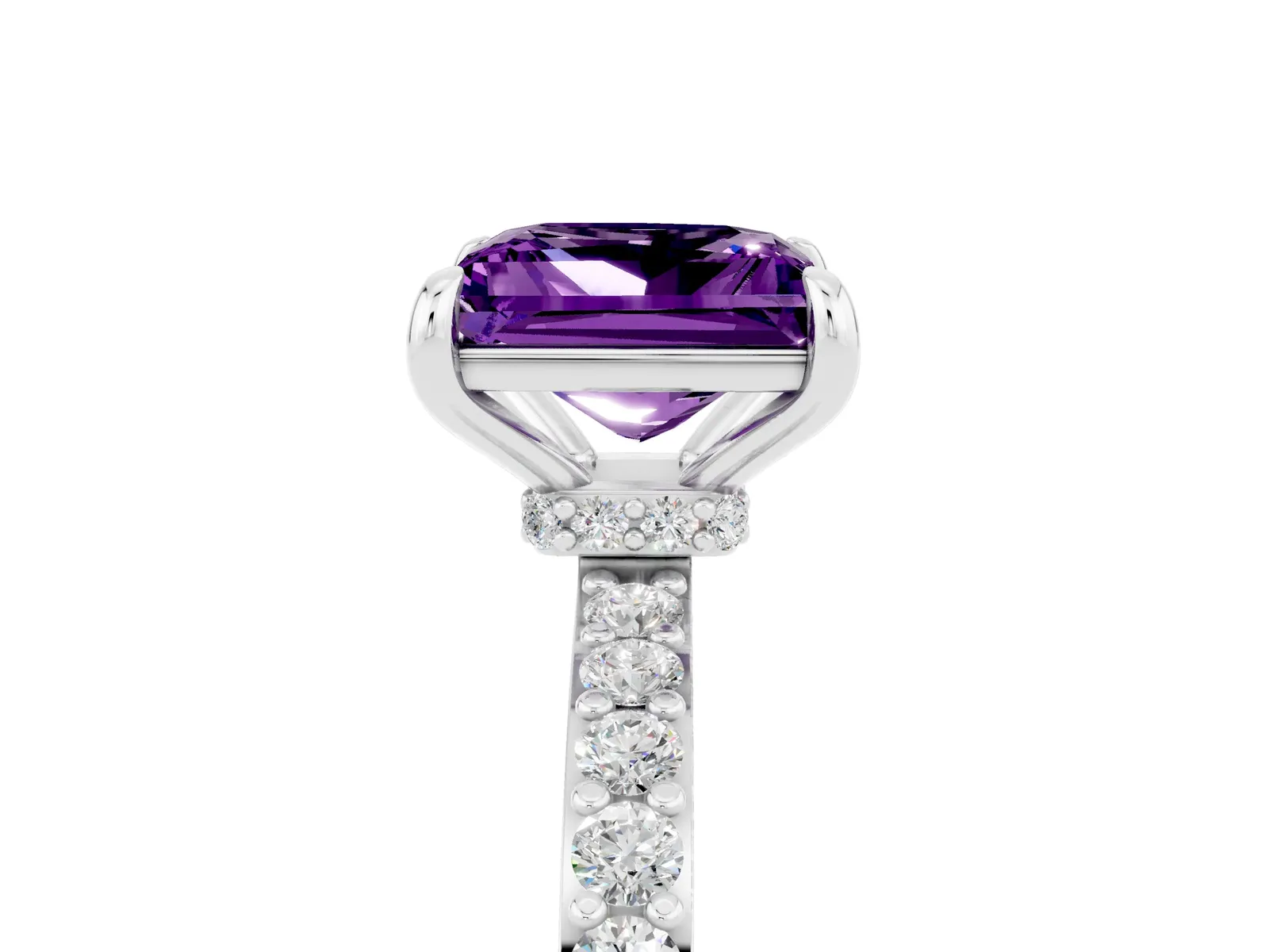 Princess Cut Amethyst Solitaire Engagement Ring with Pavé Band and Four-Prong Setting Platinum