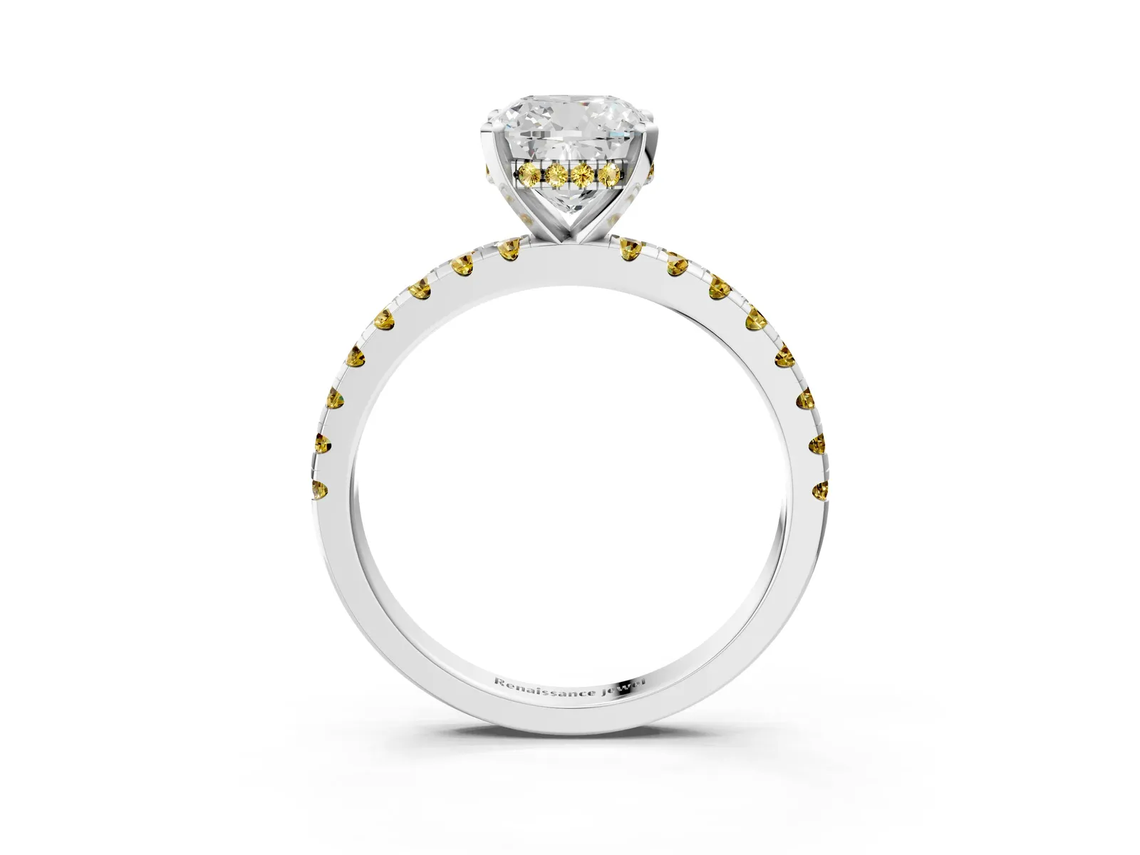 Cushion Cut Diamond Solitaire Ring with Round Yellow Sapphire Pavé Band and Four-Prong Setting Platinum