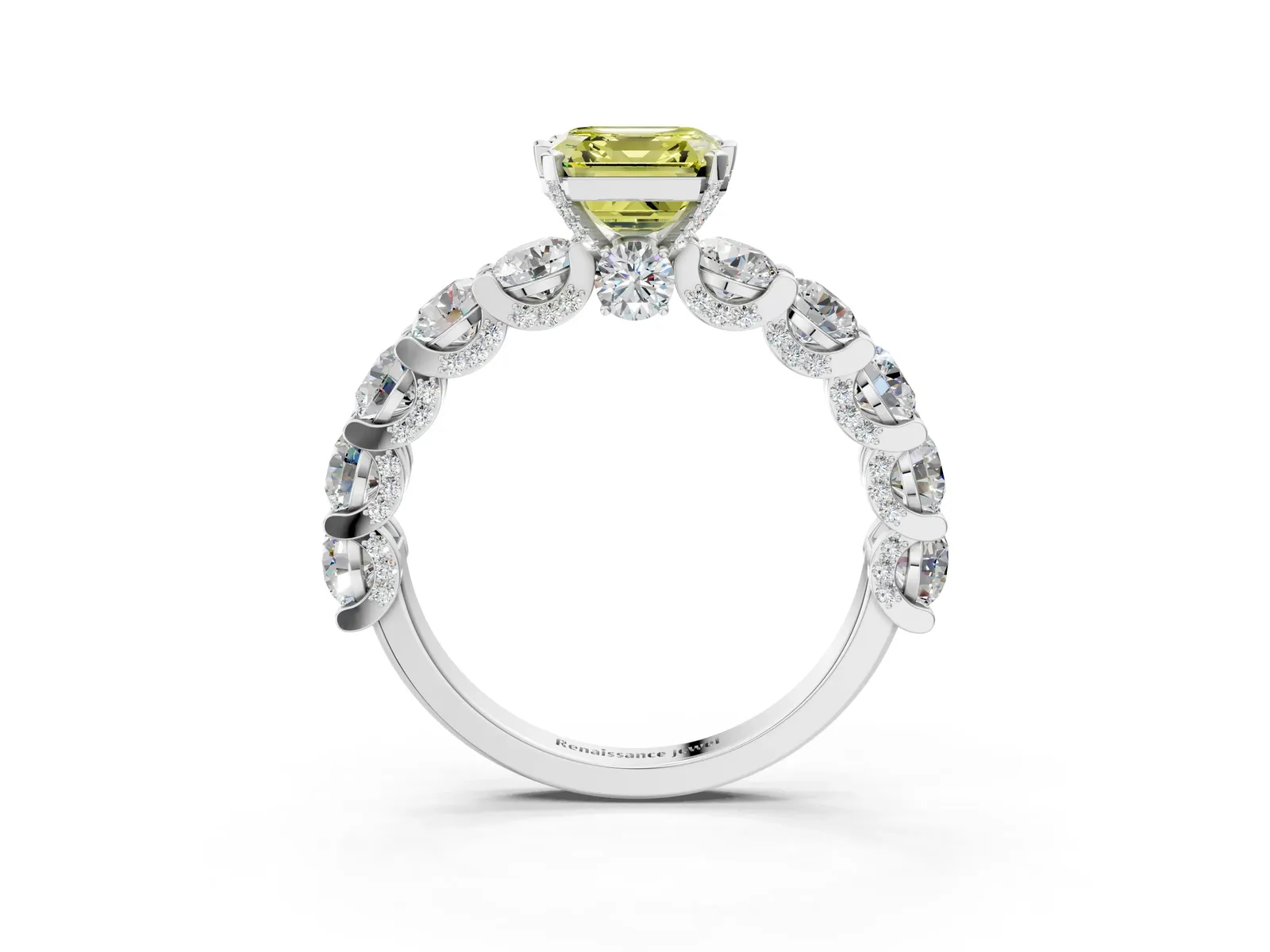 Fancy Yellow Asscher Cut Diamond Side Stone Engagement Ring with Four-Prong Setting Platinum