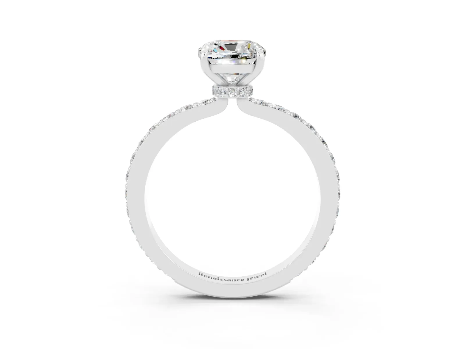 Cushion Cut Moissanite Solitaire Engagement Ring with Pavé Band and Four-Prong Setting Platinum