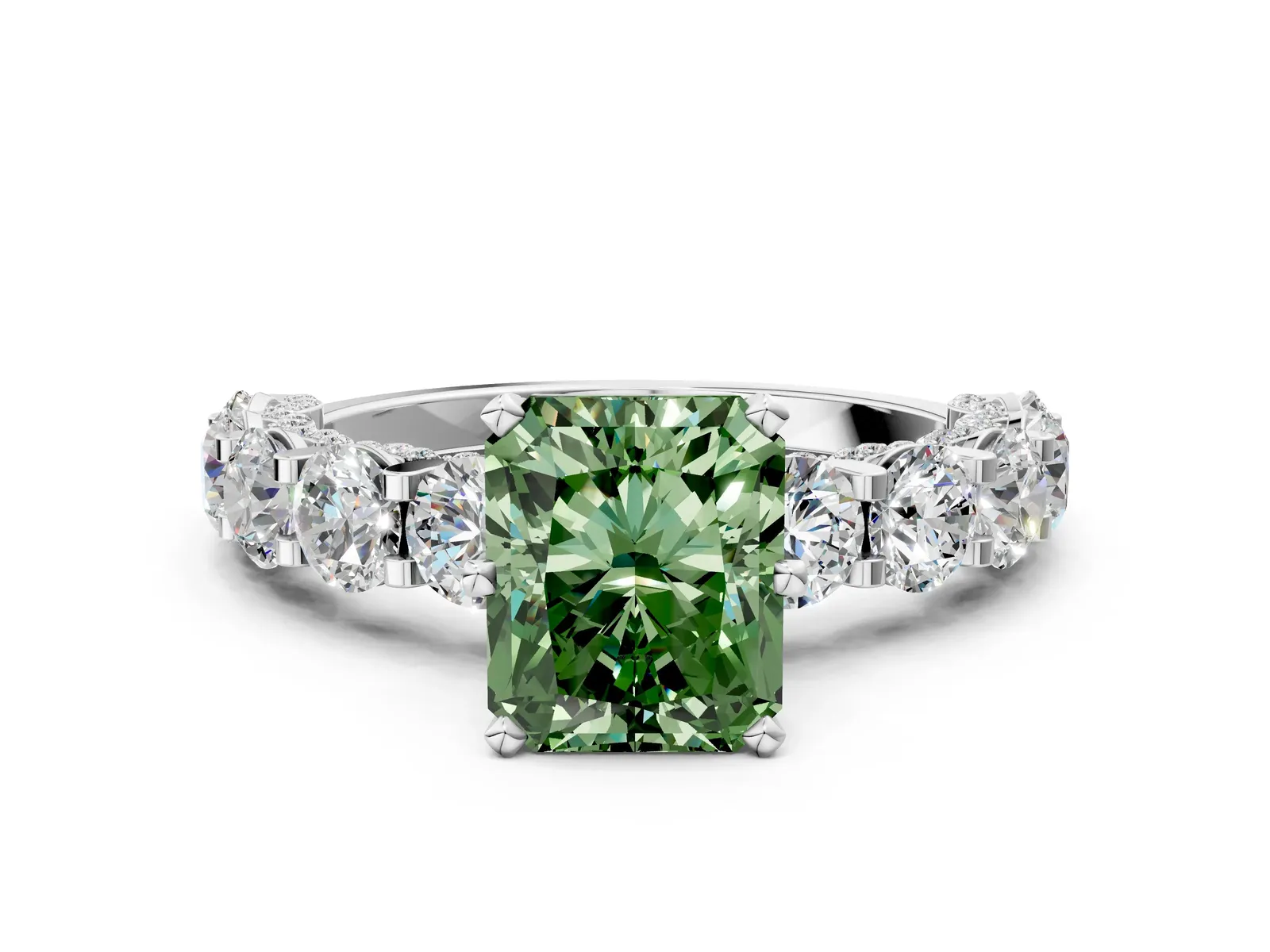 Fancy Green Radiant Cut Diamond Side Stone Engagement Ring with Four-Prong Setting White gold