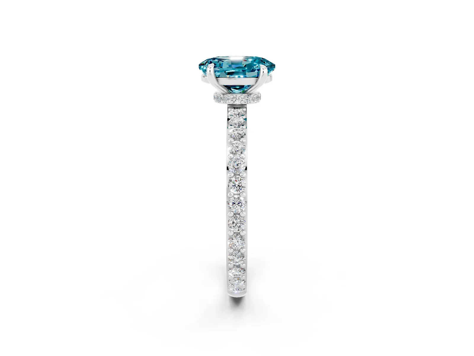 Oval Cut Blue Topaz Solitaire Engagement Ring with Pavé Band and Four-Prong Setting Platinum