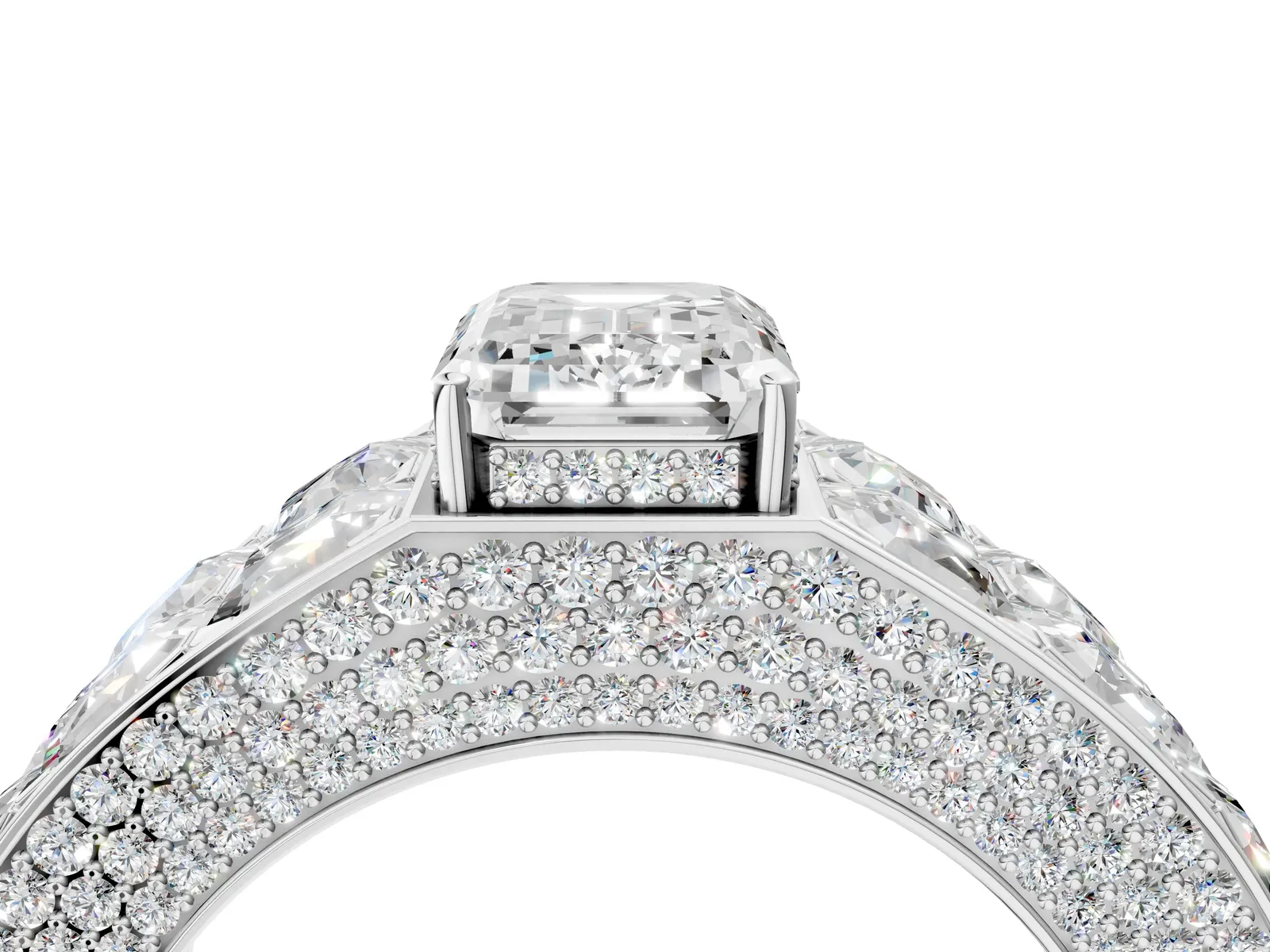 Emerald Cut Diamond Radiant Pavé Mens Ring Silver