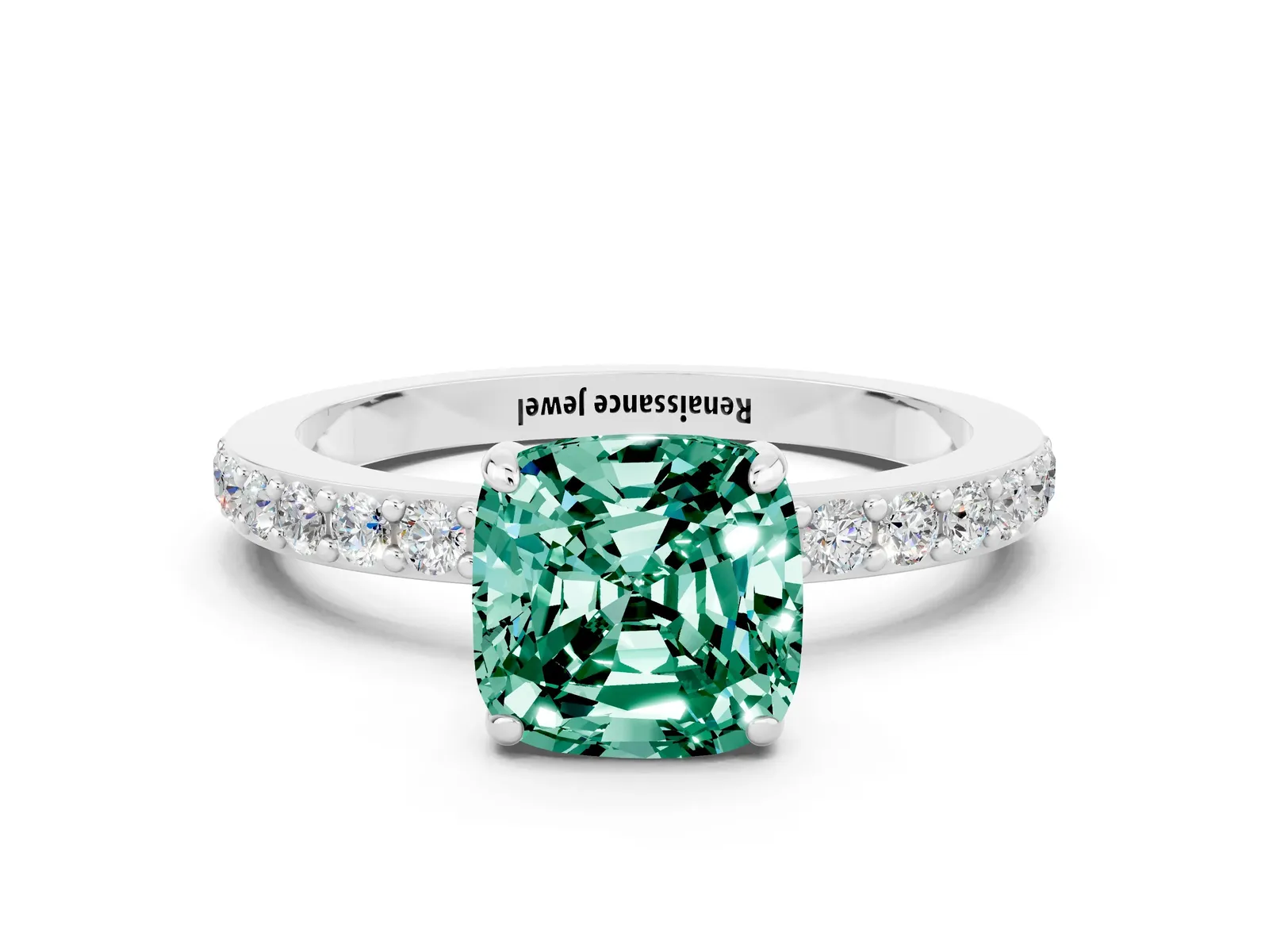 Cushion Cut Green Sapphire Solitaire Engagement Ring with Pavé Band and Four-Prong Setting Platinum