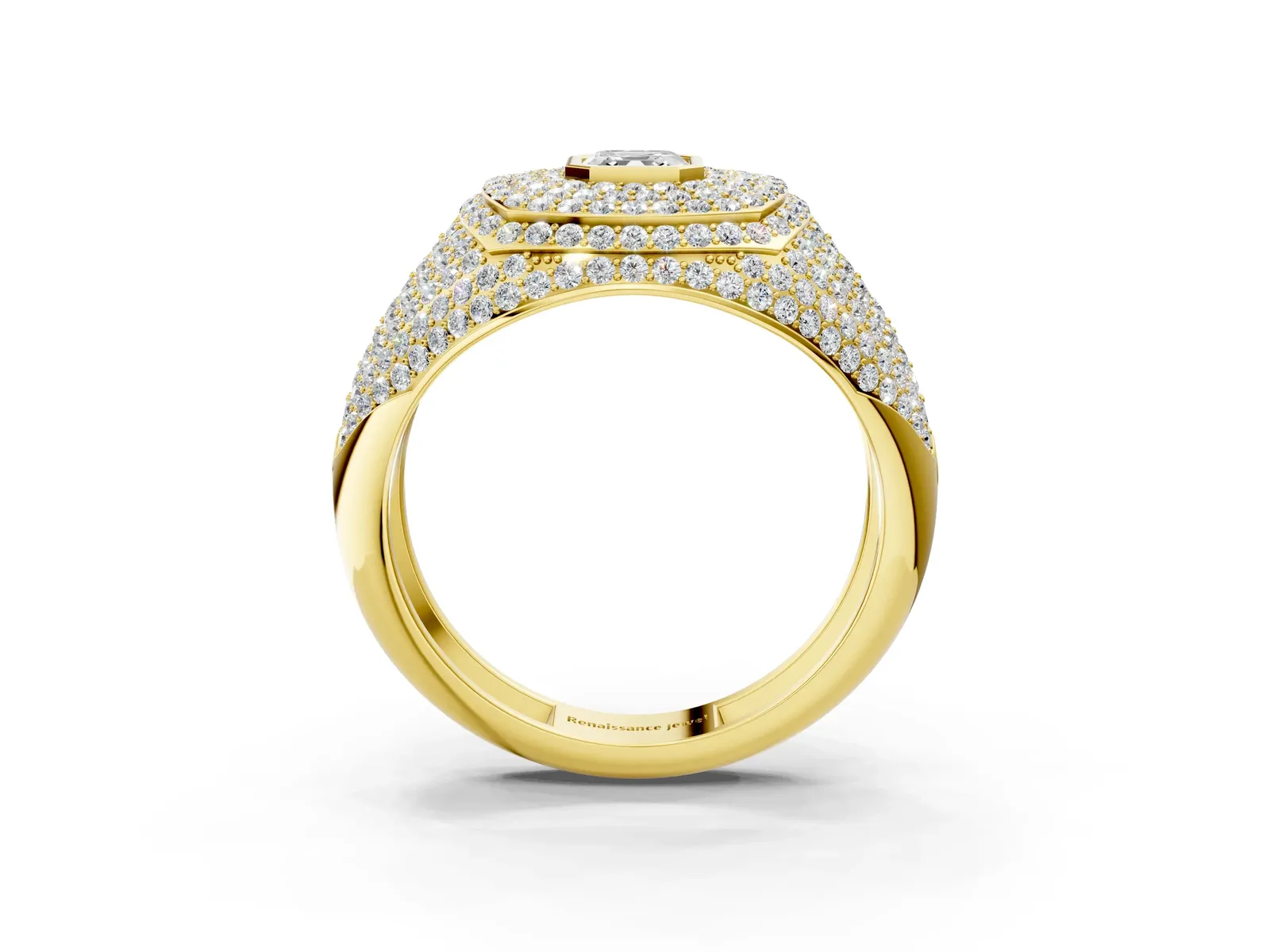 Asscher Cut Diamond Bezel Set Pavé Dome Mens Ring Yellow gold