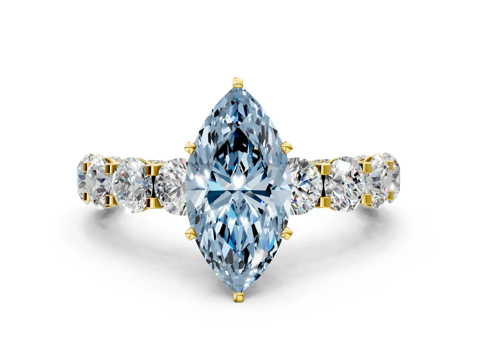 Fancy Blue Marquise Cut Diamond Side Stone Engagement Ring with Four-Prong Setting Yellow gold