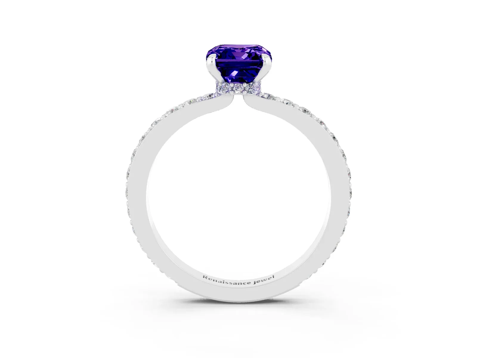 Emerald Cut Tanzanite Solitaire Engagement Ring with Pavé Band and Four-Prong Setting Platinum