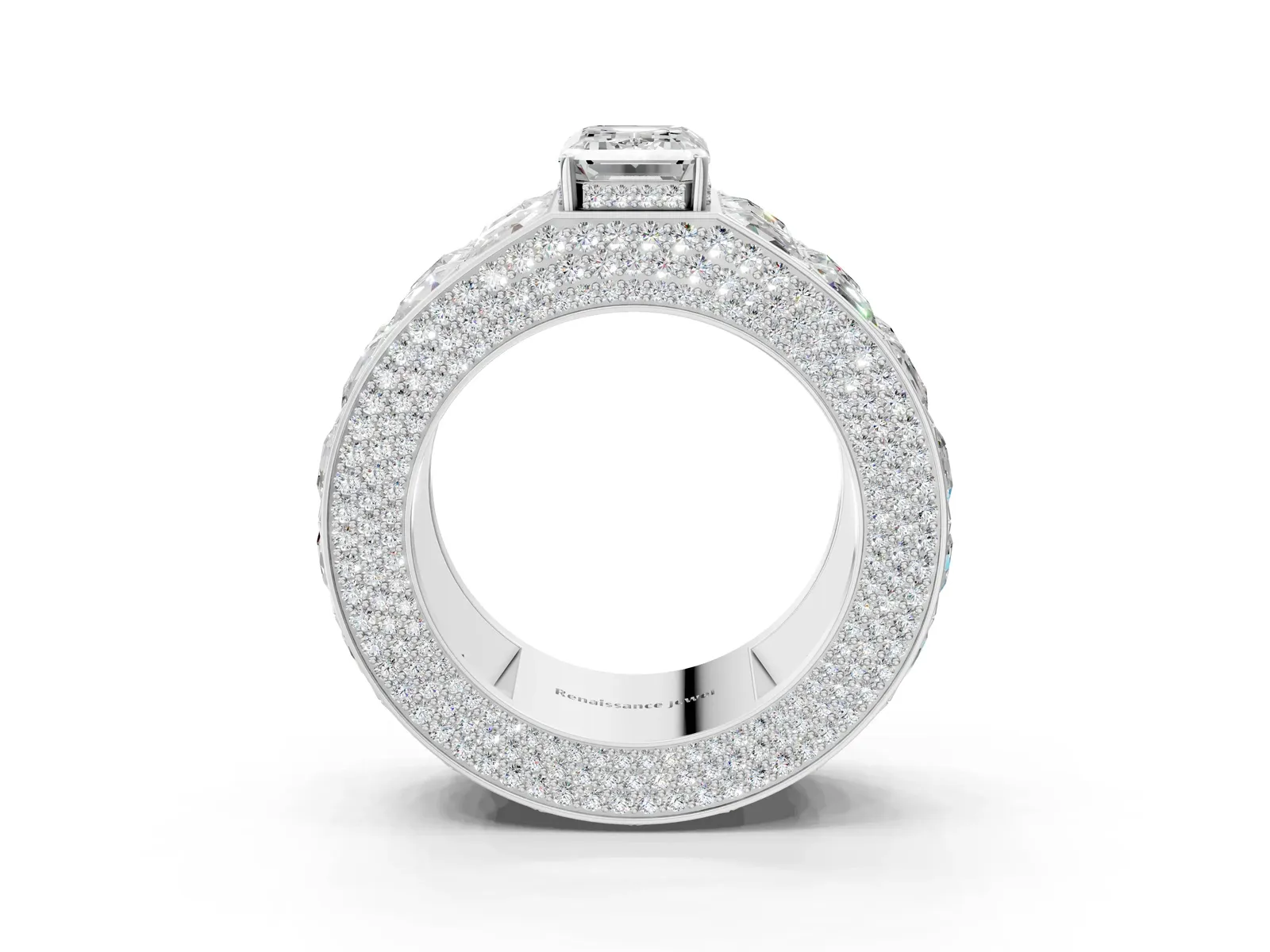 Emerald Cut Diamond Radiant Pavé Mens Ring Silver