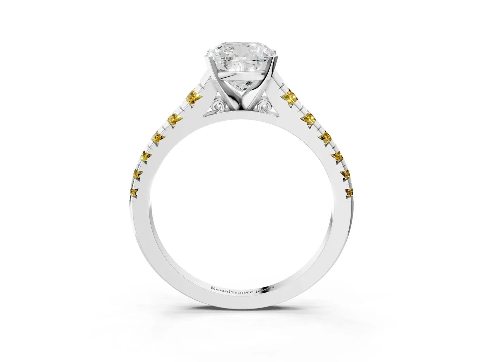 Cushion Cut Diamond Cathedral Solitaire Ring with Round Yellow Sapphire Pavé Band Platinum