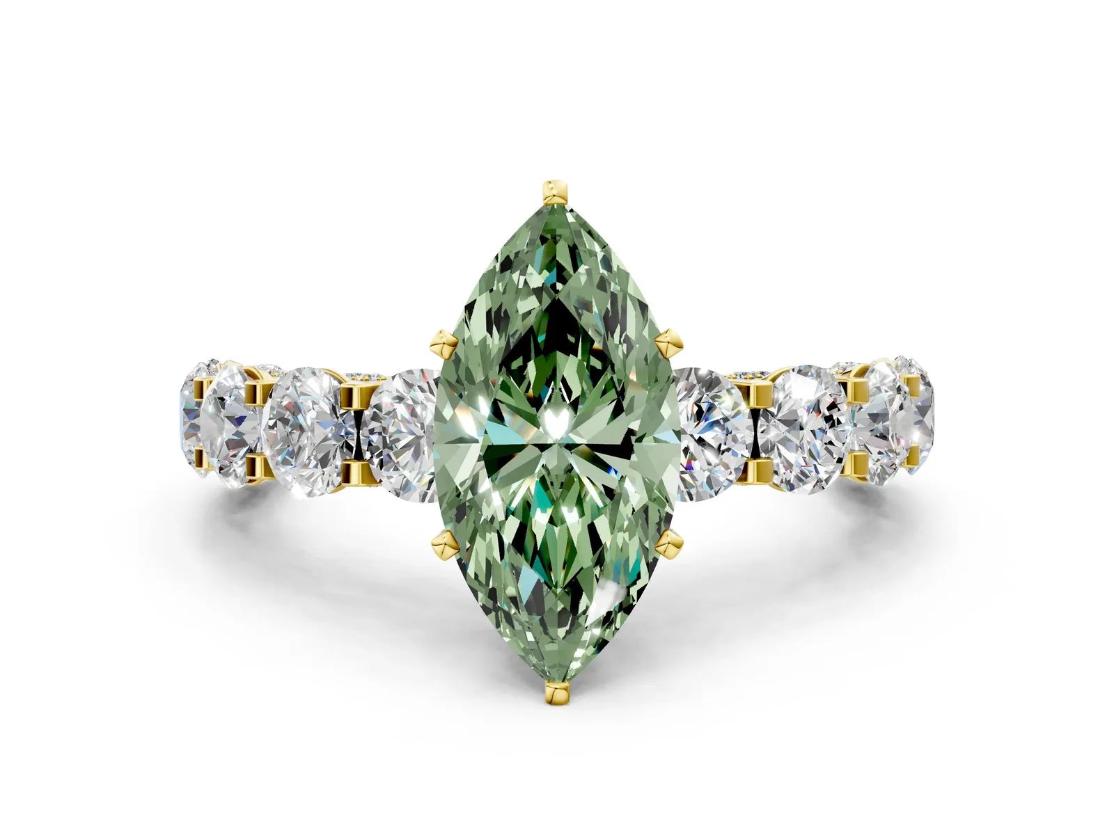 Fancy Green Marquise Cut Diamond Side Stone Engagement Ring with Four-Prong Setting Yellow gold