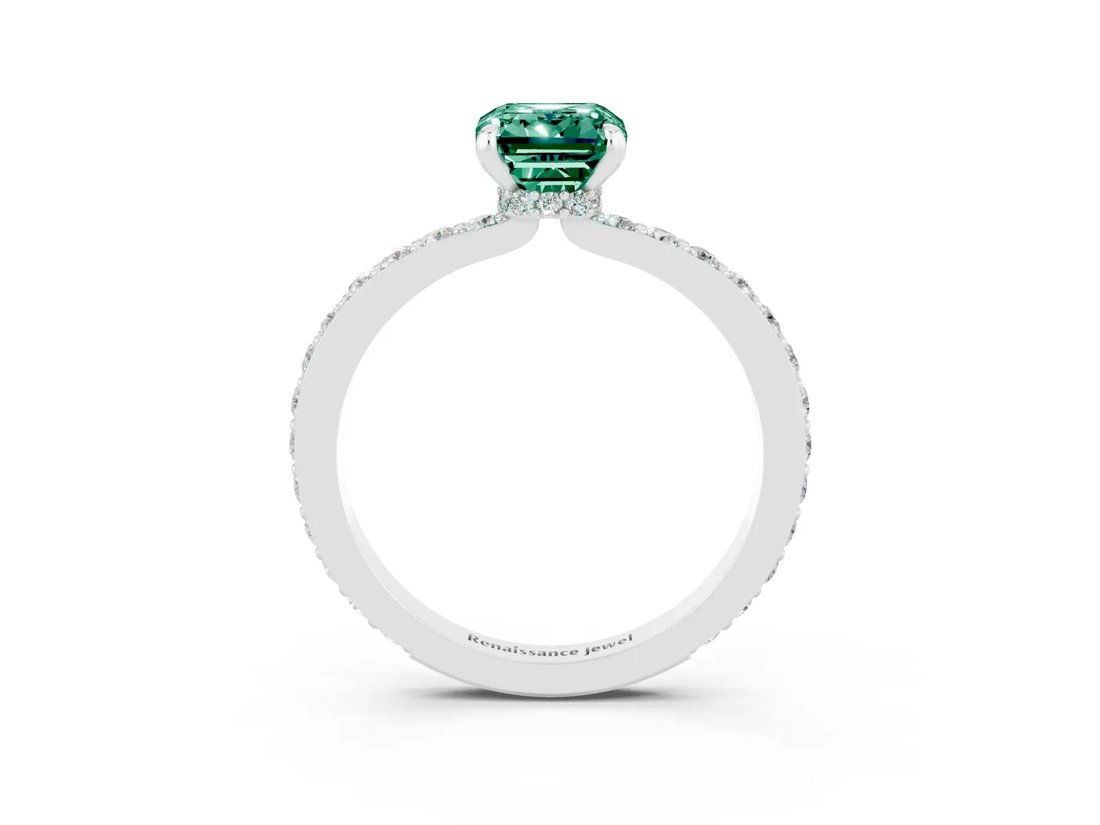 Emerald Cut Green Sapphire Solitaire Engagement Ring with Pavé Band and Four-Prong Setting Platinum
