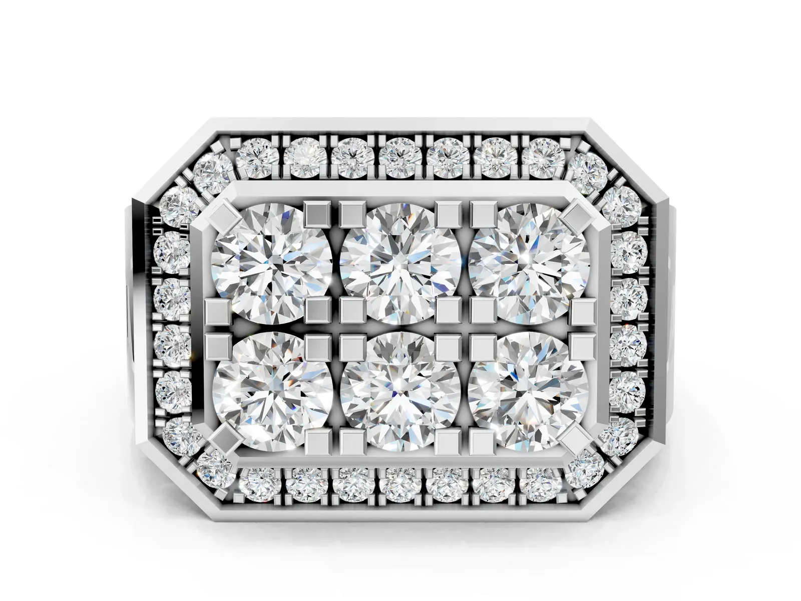 Round Diamond Cluster Halo Mens Ring Silver