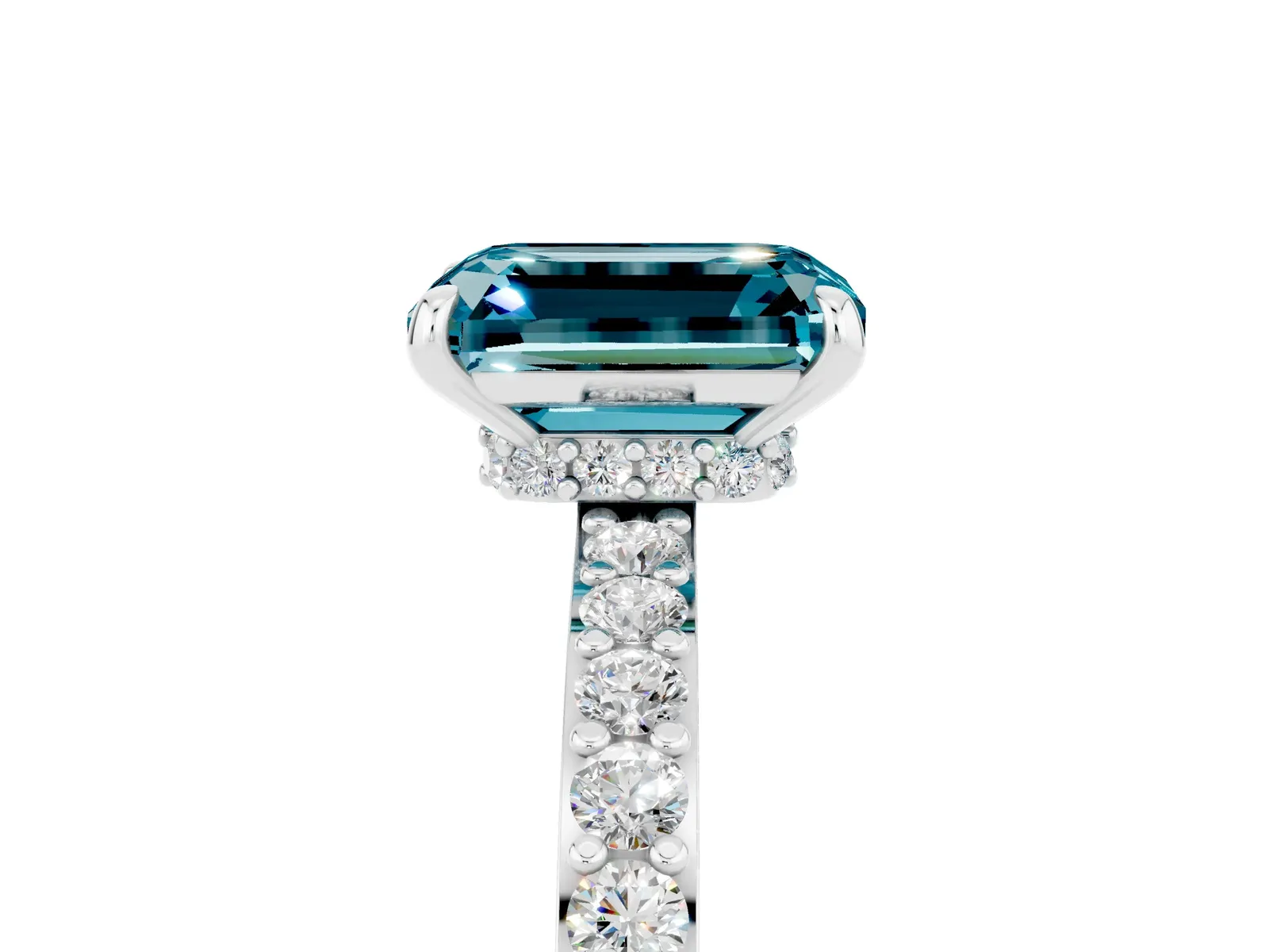Emerald Cut Blue Topaz Solitaire Engagement Ring with Pavé Band and Four-Prong Setting Platinum