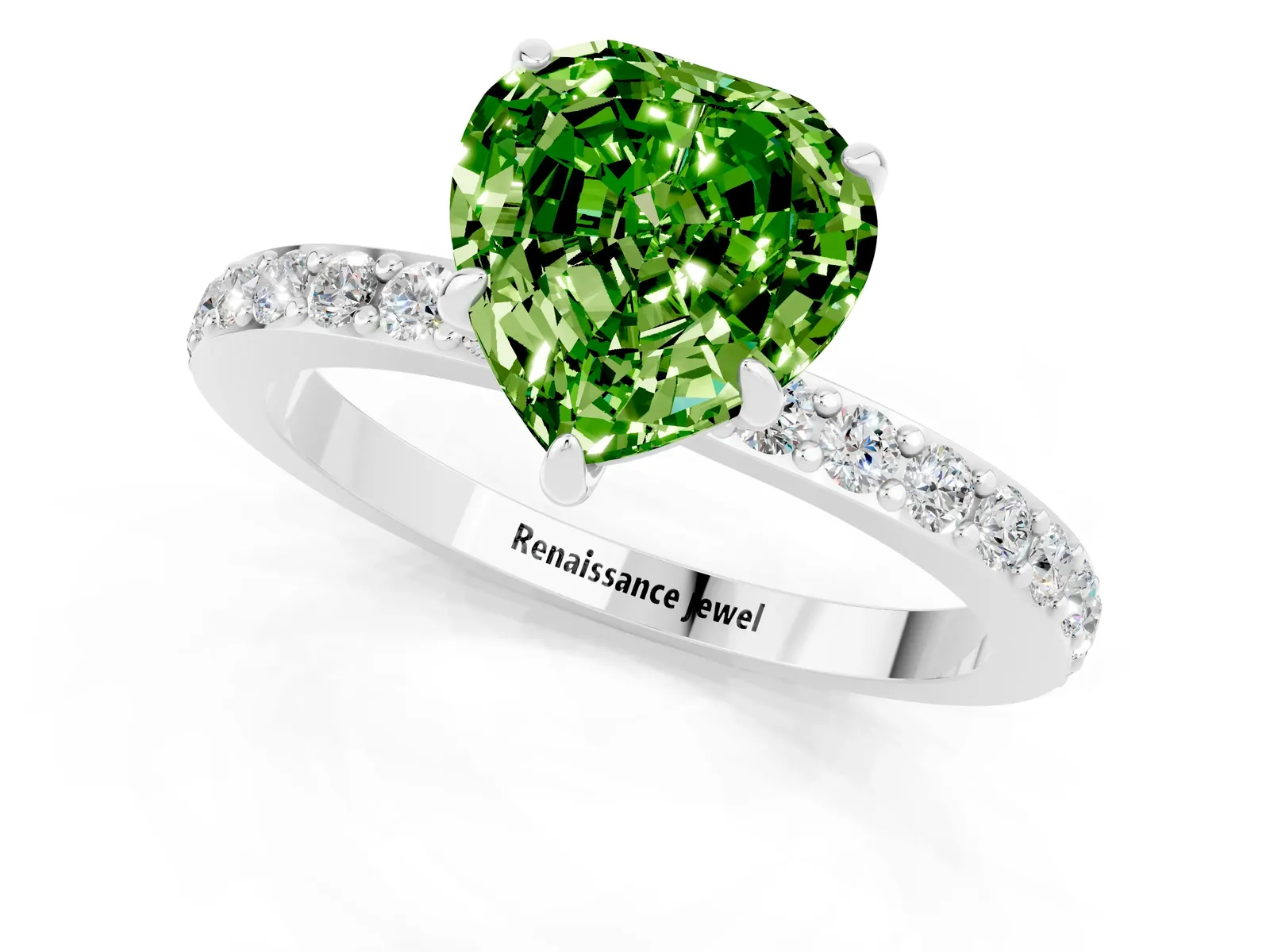 Heart Cut Peridot Solitaire Engagement Ring with Pavé Band and Four-Prong Setting Platinum