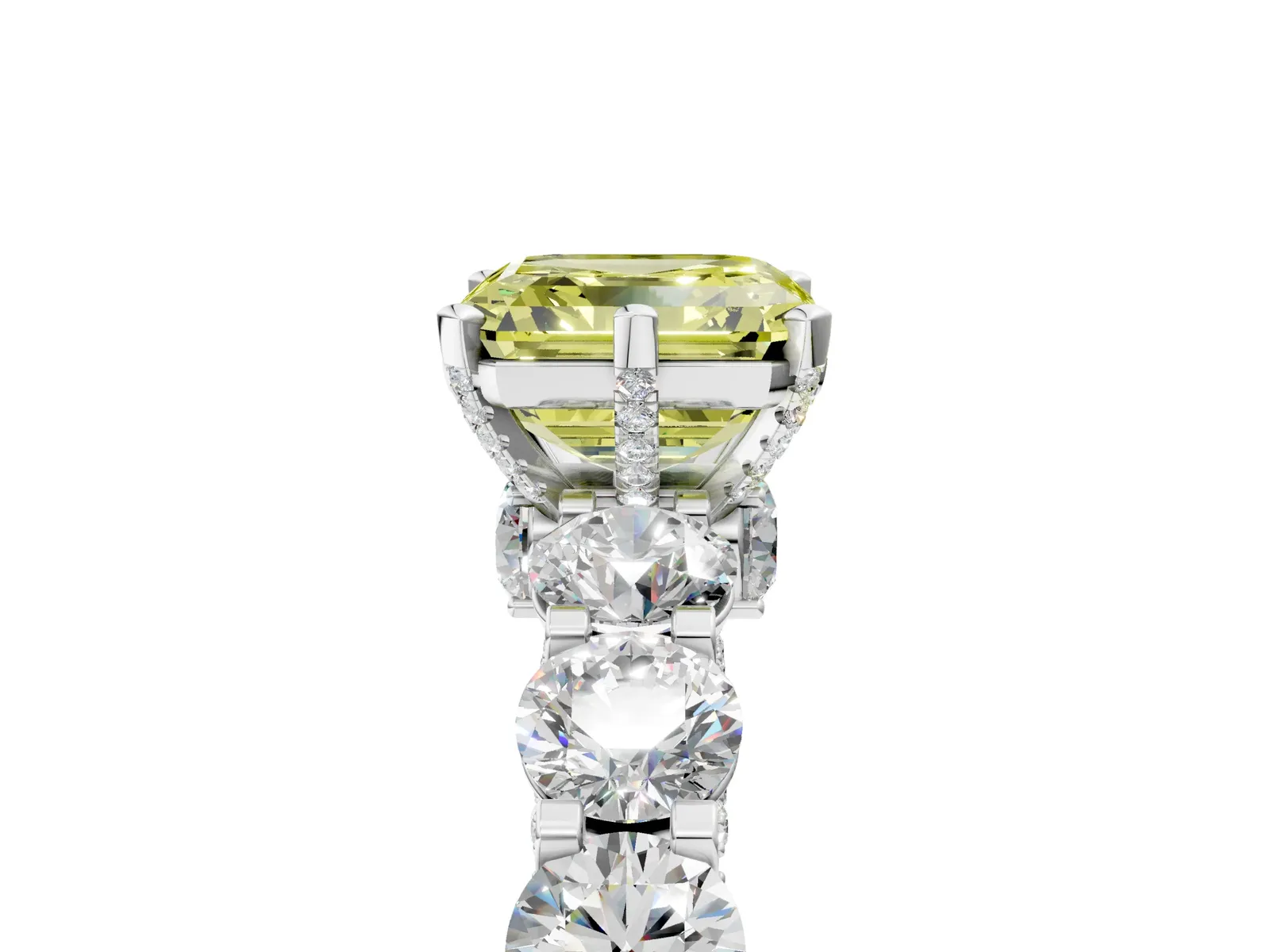 Fancy Yellow Asscher Cut Diamond Side Stone Engagement Ring with Four-Prong Setting Platinum