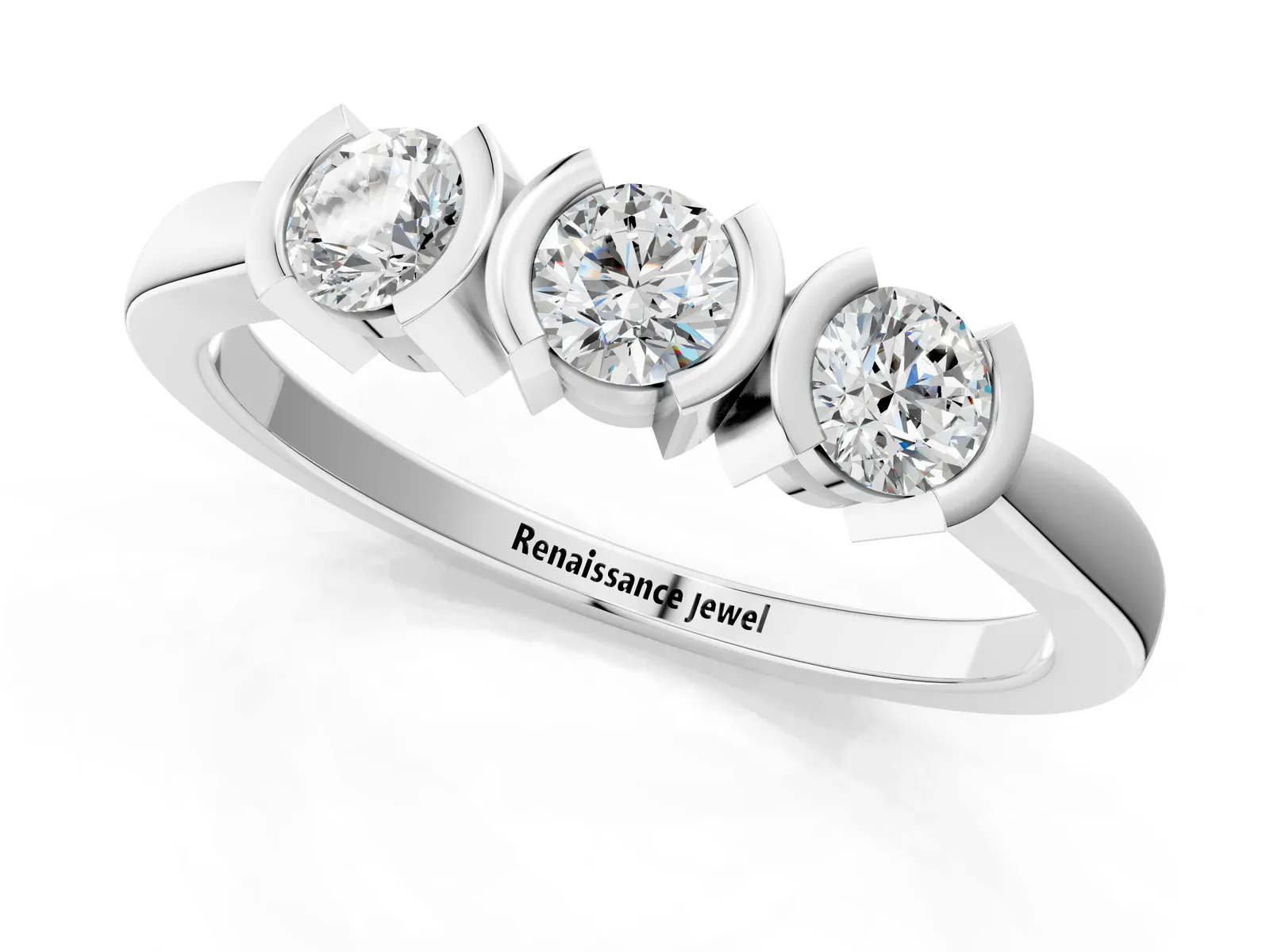 Three-Stone Round Diamond Half Bezel Prong Band Platinum