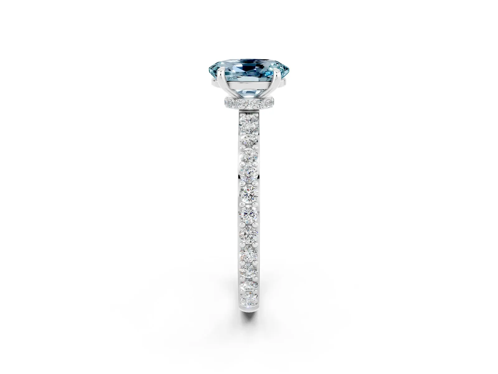 Oval Cut Aquamarine Solitaire Engagement Ring with Pavé Band and Four-Prong Setting Platinum