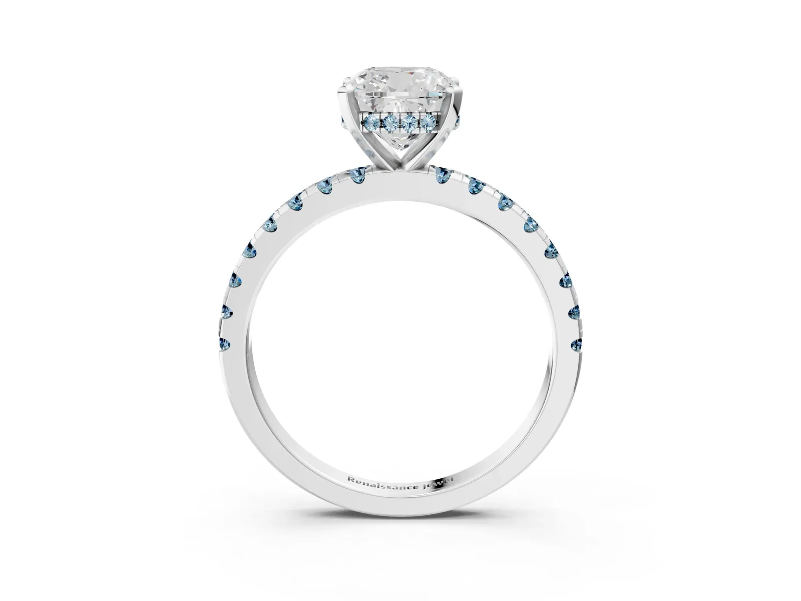 Cushion Cut Diamond Solitaire Ring with Round Aquamarine Pavé Band and Four-Prong Setting Platinum