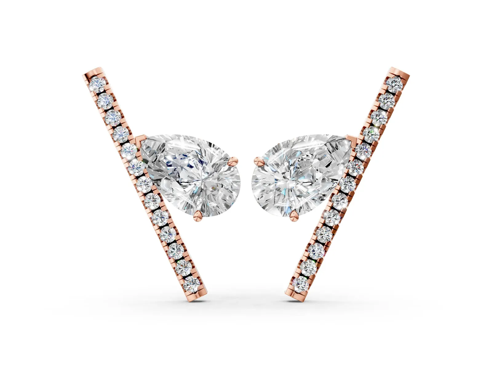Pear Diamond Stud Earrings with Round Micro Pavé Bar Rose gold