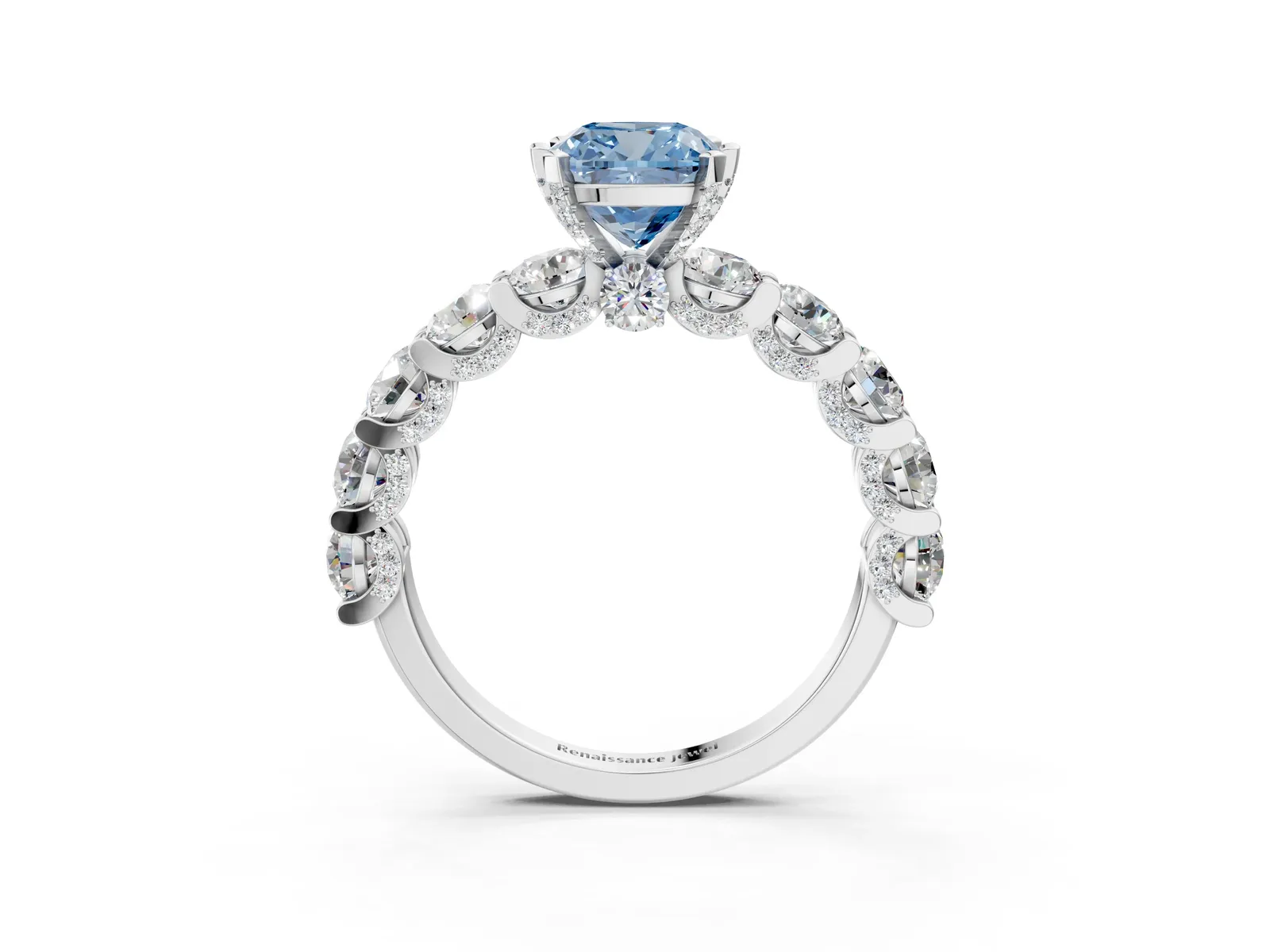Fancy Blue Cushion Cut Diamond Side Stone Engagement Ring with Four-Prong Setting Silver