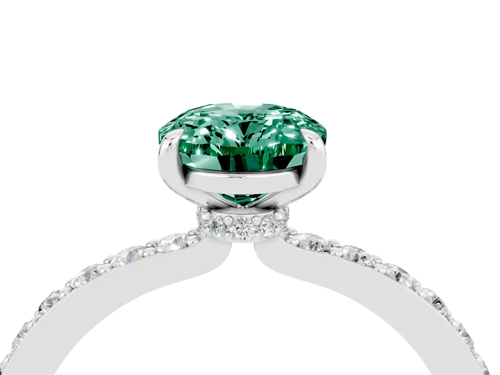 Oval Cut Green Sapphire Solitaire Engagement Ring with Pavé Band and Four-Prong Setting Platinum