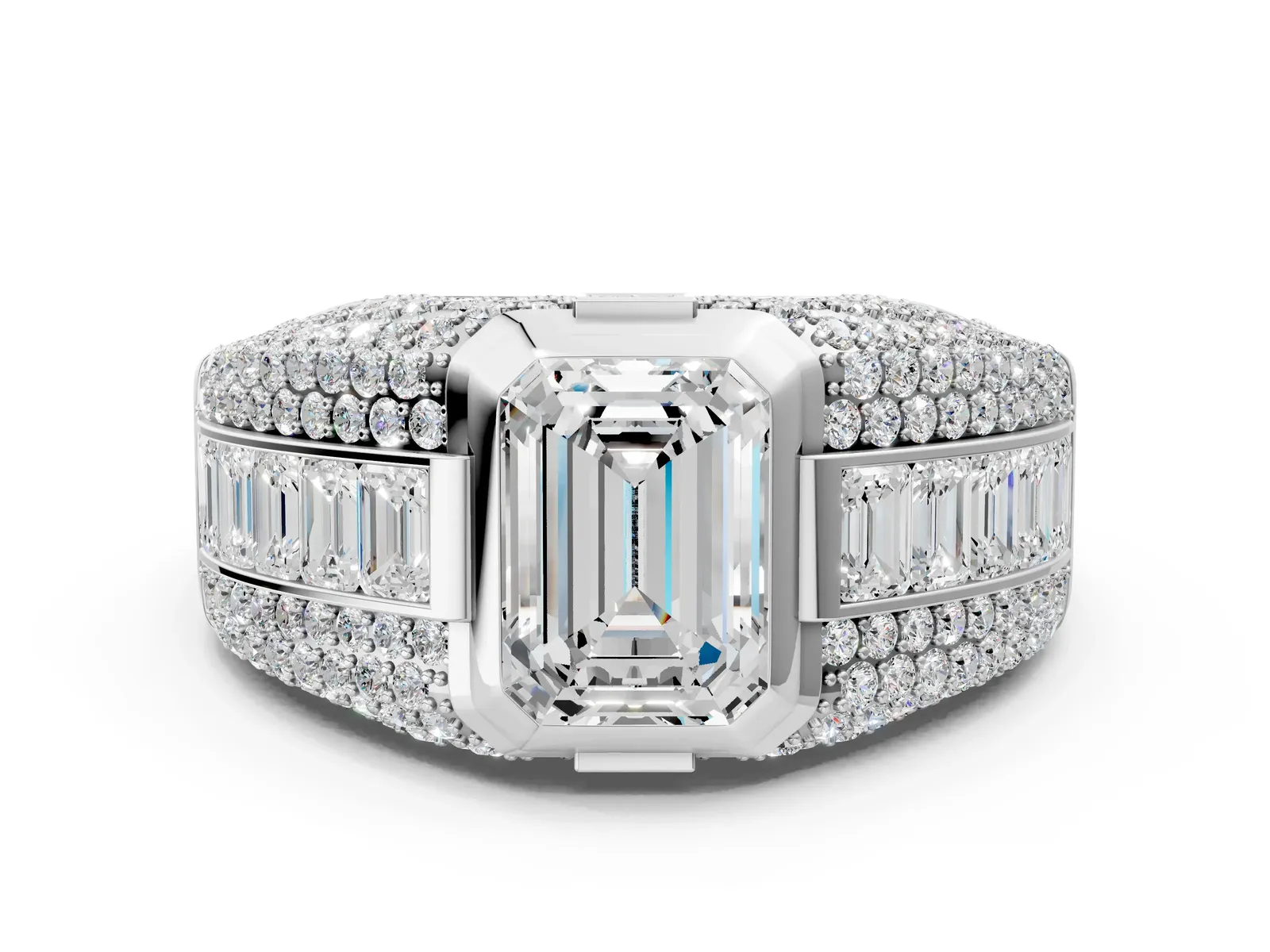 Emerald Cut Diamond Mens Ring with Side Stones White gold