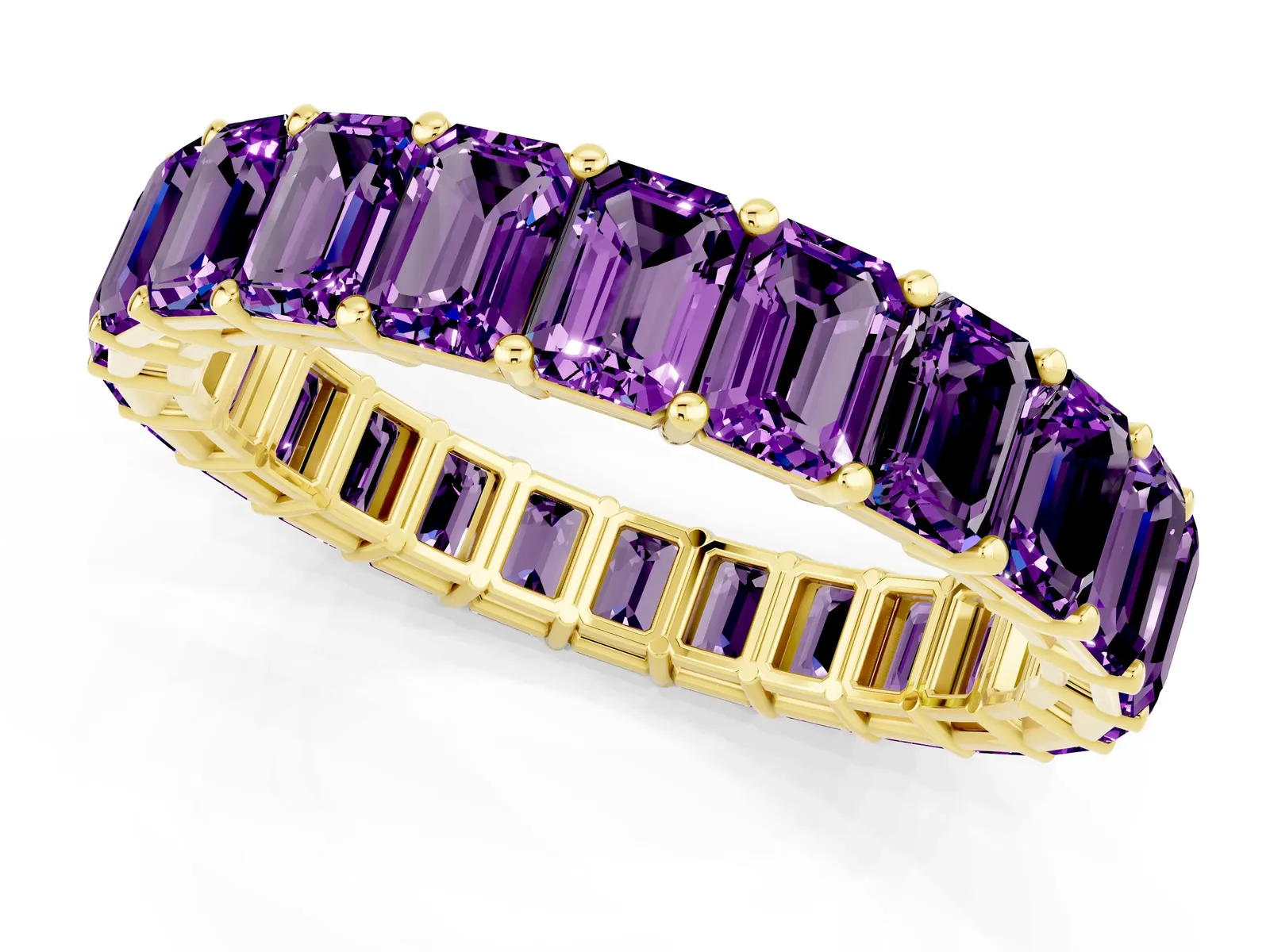 Emerald Cut Amethyst Eternity Band with Shared Prong Setting Yellow gold