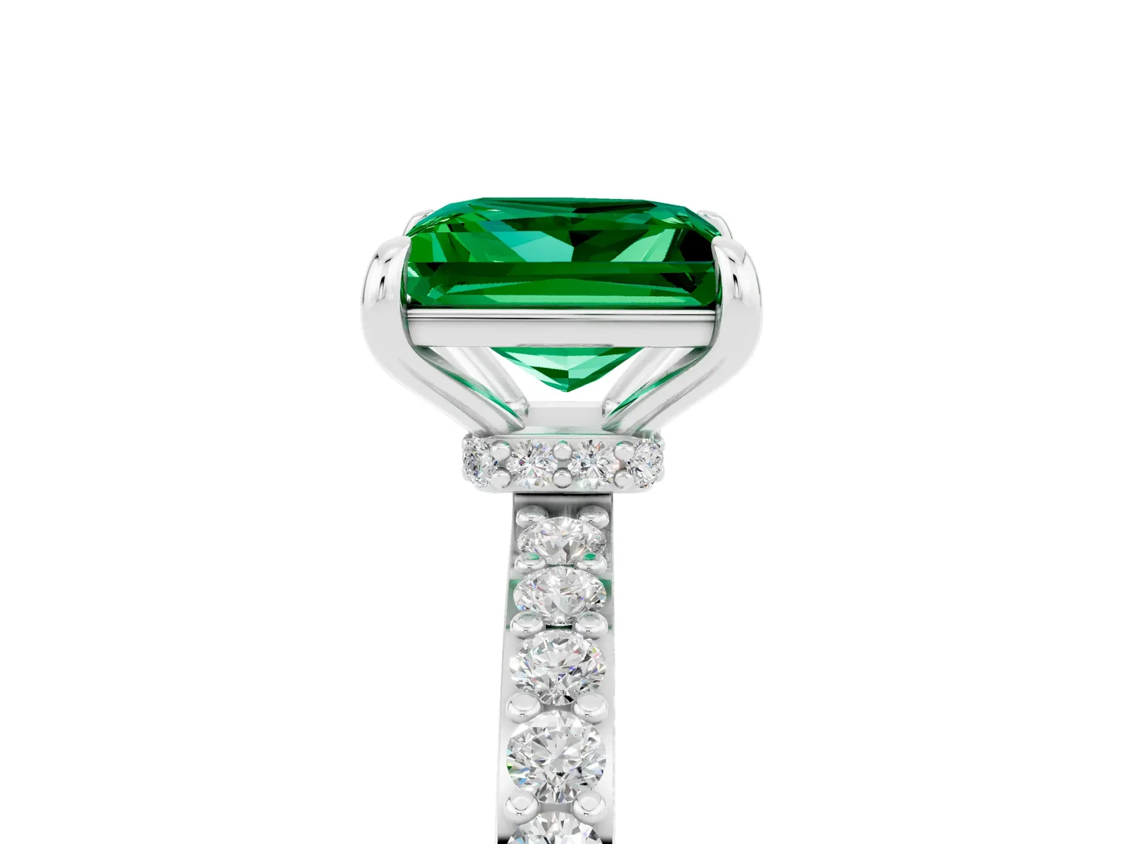 Princess Cut Emerald Solitaire Engagement Ring with Pavé Band and Four-Prong Setting Platinum
