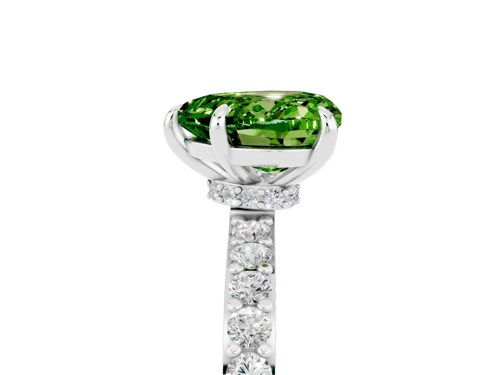 Heart Cut Peridot Solitaire Engagement Ring with Pavé Band and Four-Prong Setting Platinum