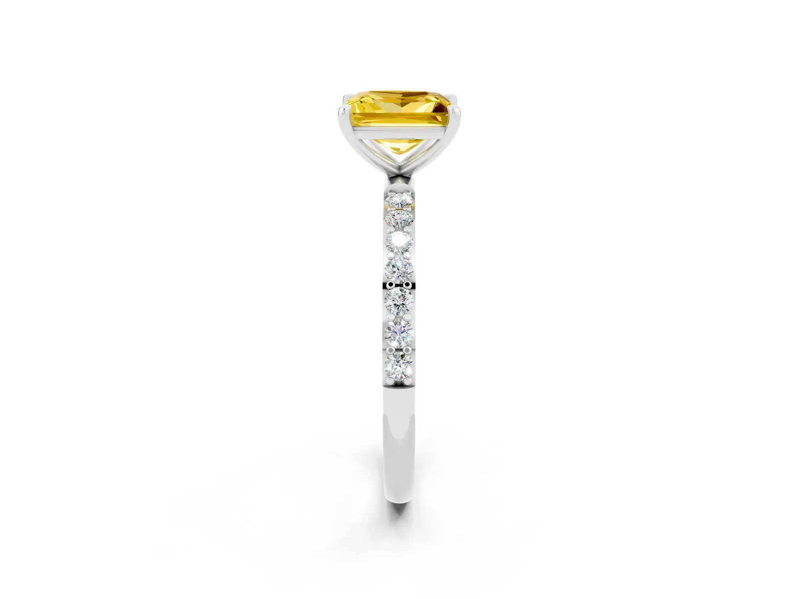 Princess Cut Yellow Sapphire Solitaire Ring with Round Pavé Band and Prong Setting Platinum