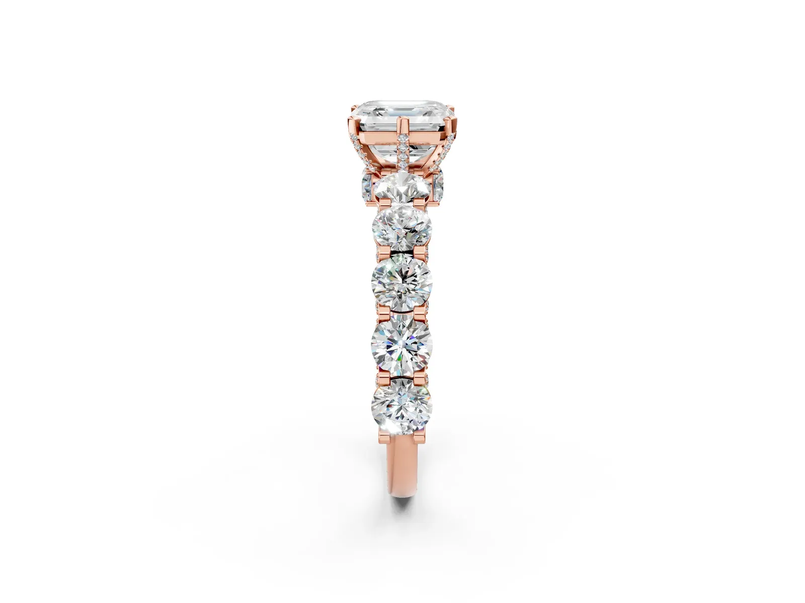 Asscher Cut Diamond Side Stone Engagement Ring with Four-Prong Setting Rose gold