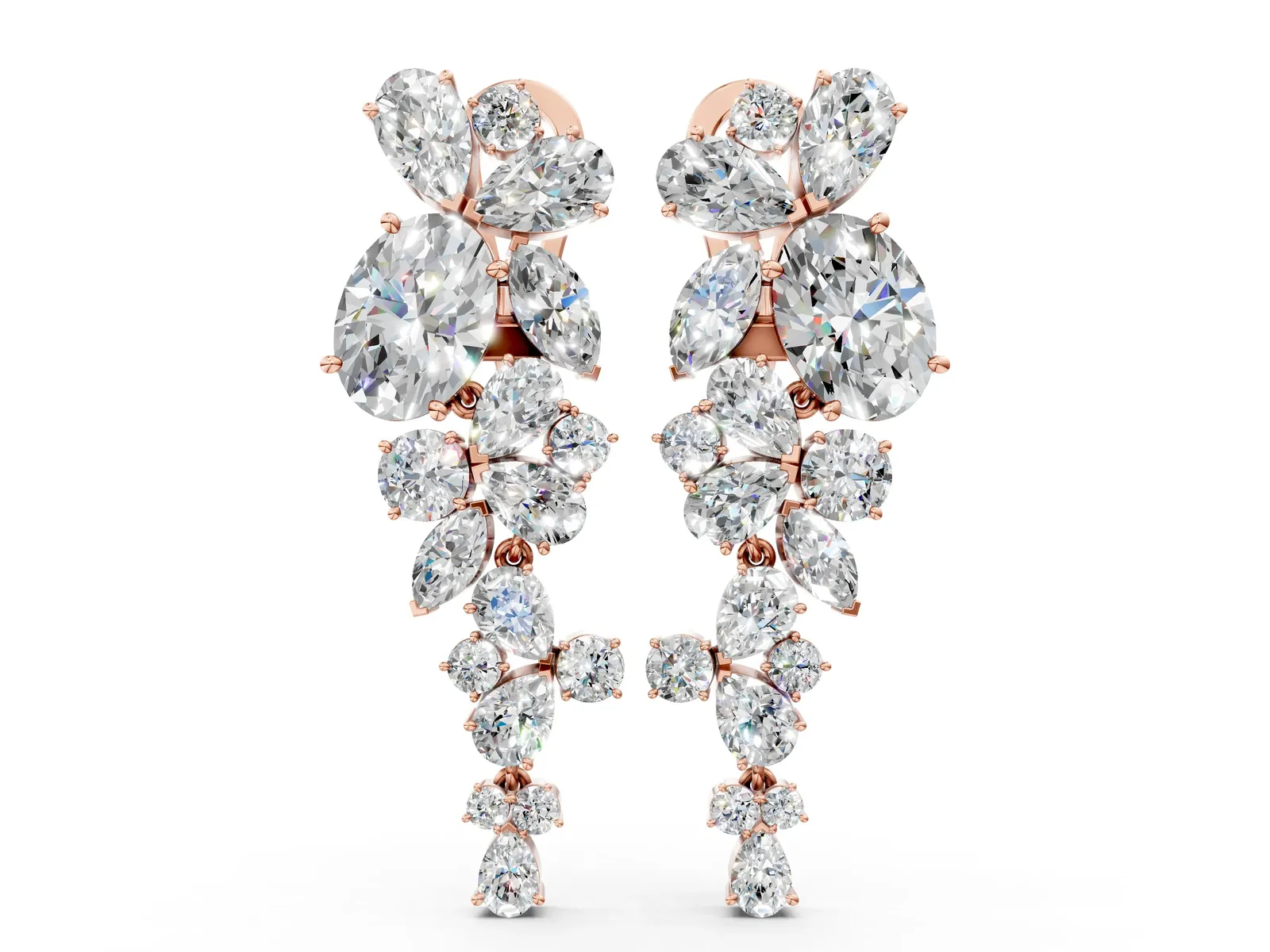 Pear, Marquise and Round Diamond Floral Drop Earrings Rose gold