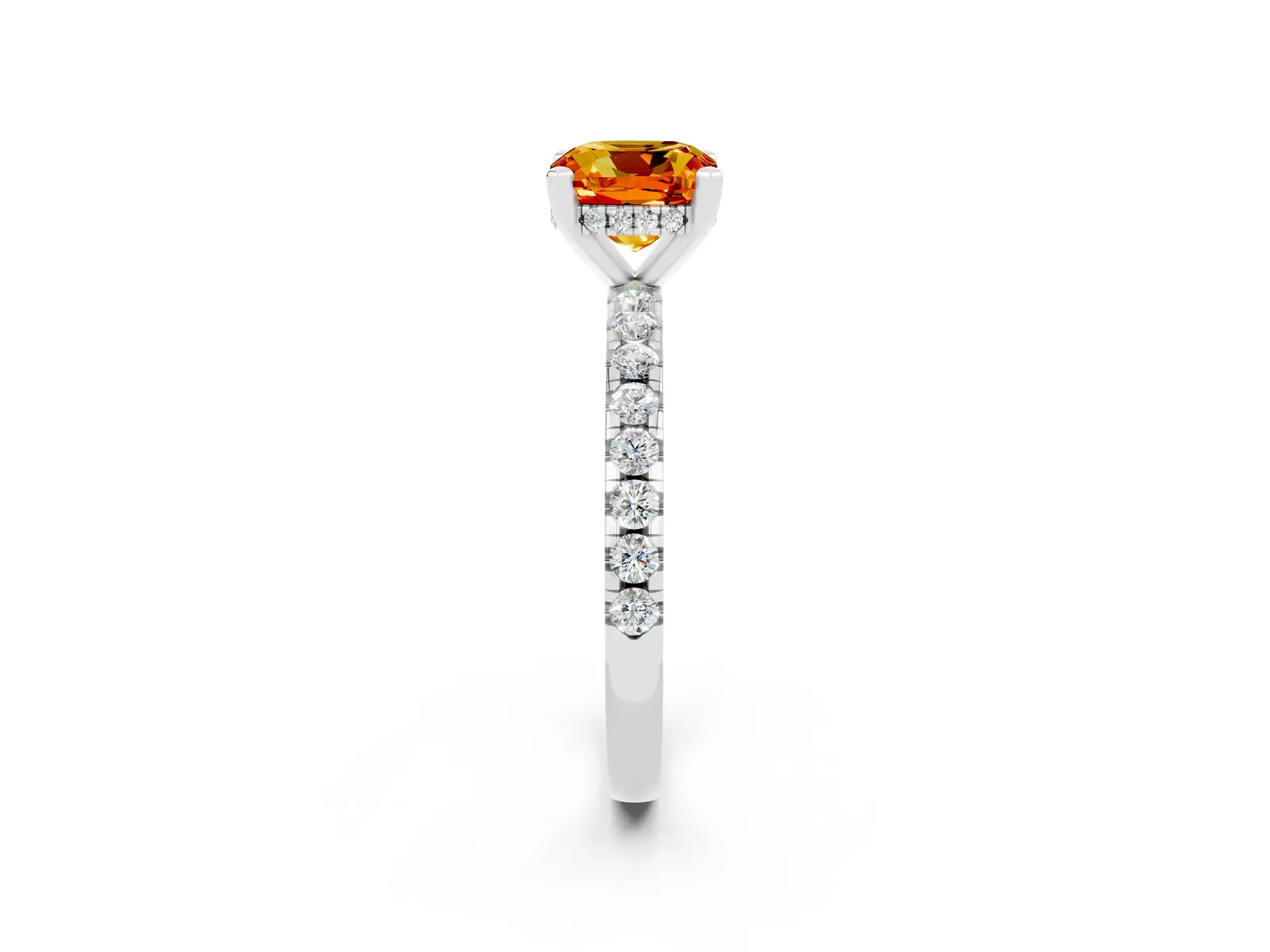 Cushion Cut Citrine Solitaire Ring with Round Pavé Band and Four-Prong Setting Platinum