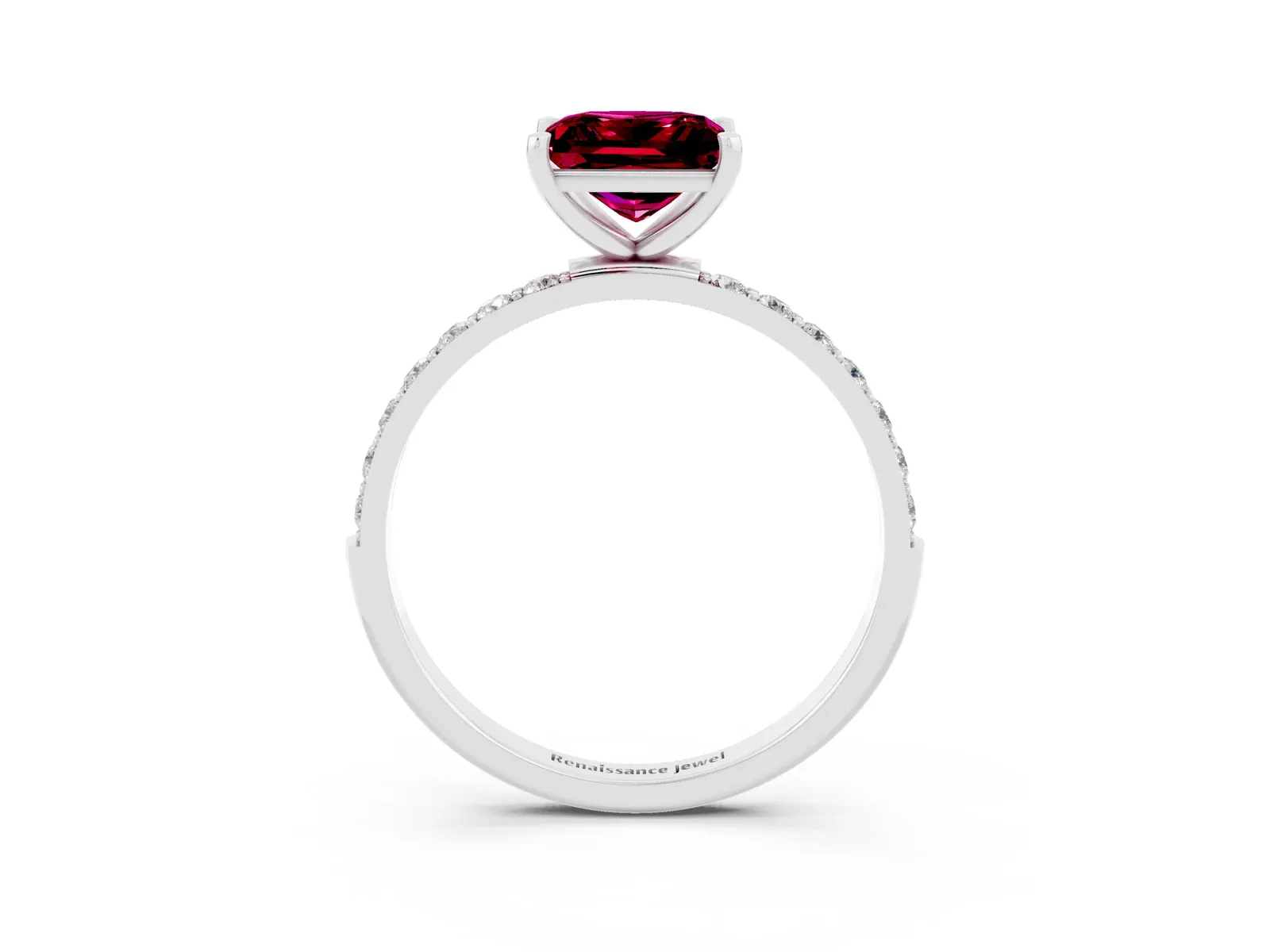 Princess Cut Garnet Solitaire Ring with Round Pavé Band and Prong Setting Platinum