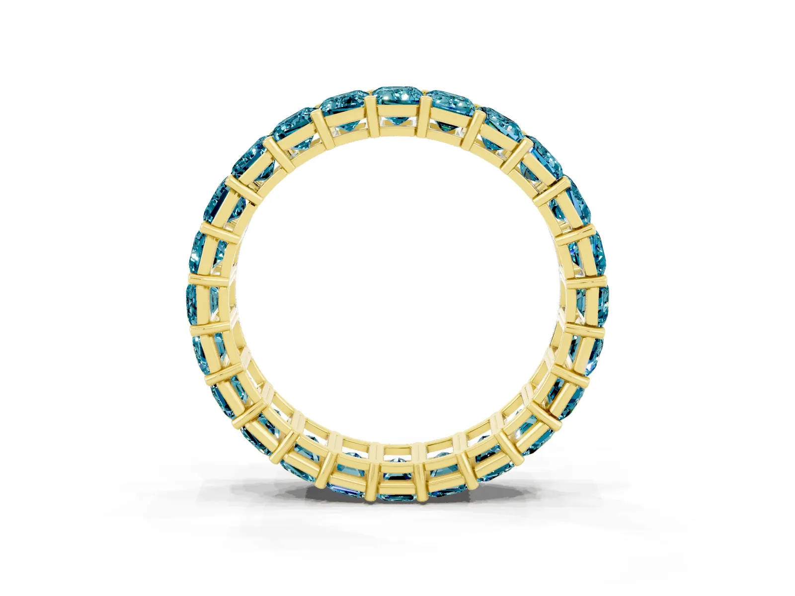Emerald Cut Blue Topaz Eternity Band with Shared Prong Setting Yellow gold
