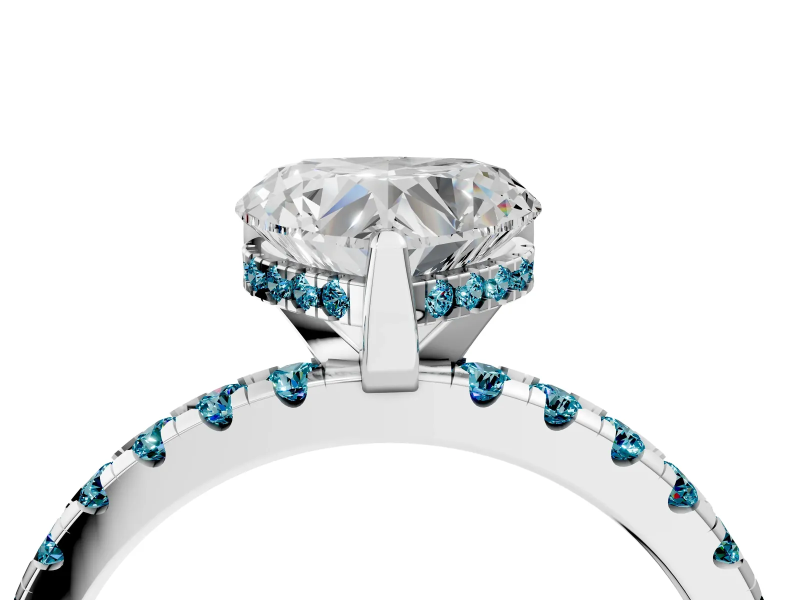 Heart Cut Diamond Solitaire Ring with Round Blue Topaz Pavé Band and Four-Prong Setting Platinum
