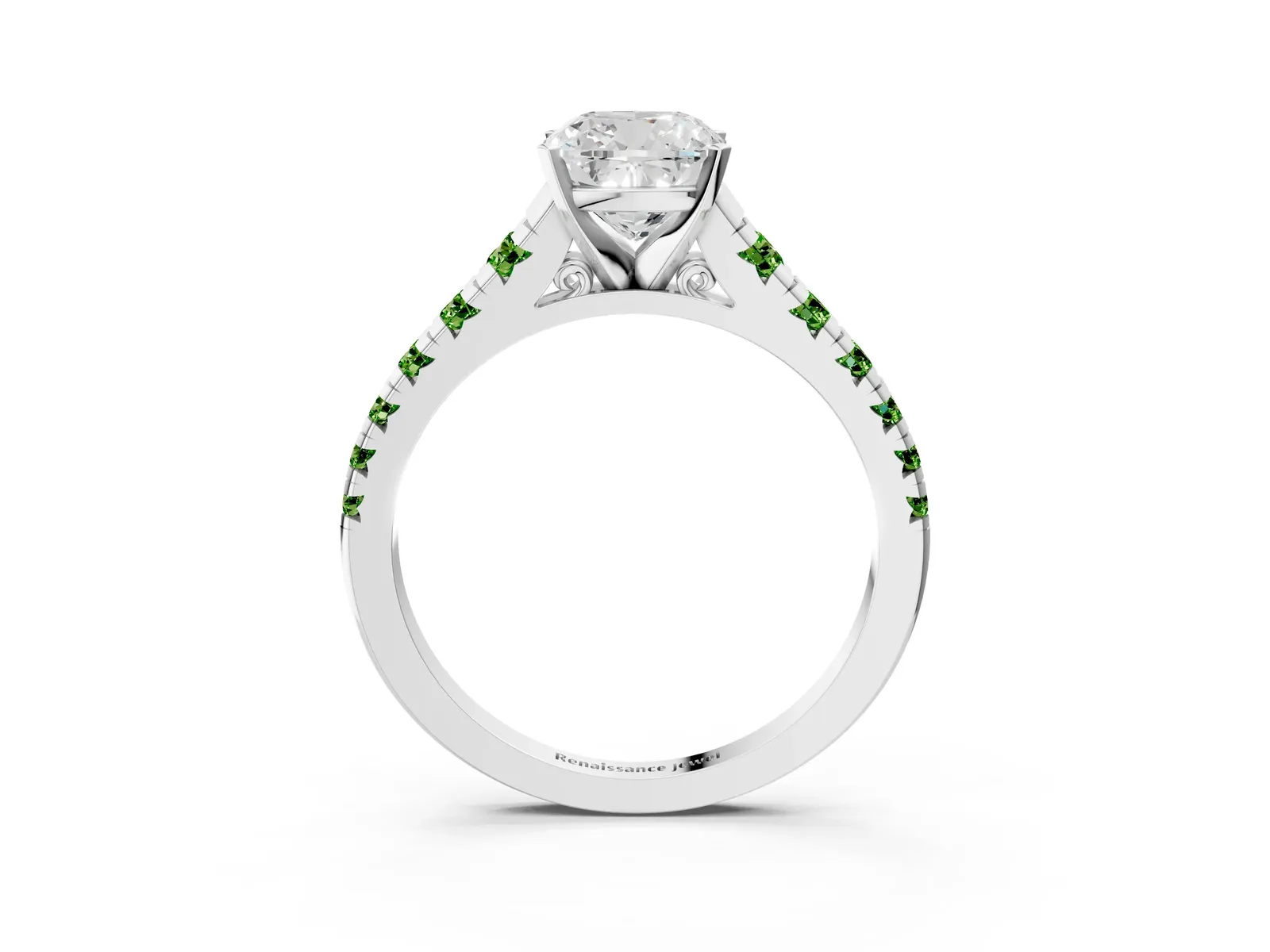 Cushion Cut Diamond Cathedral Solitaire Ring with Round Peridot Pavé Band Platinum