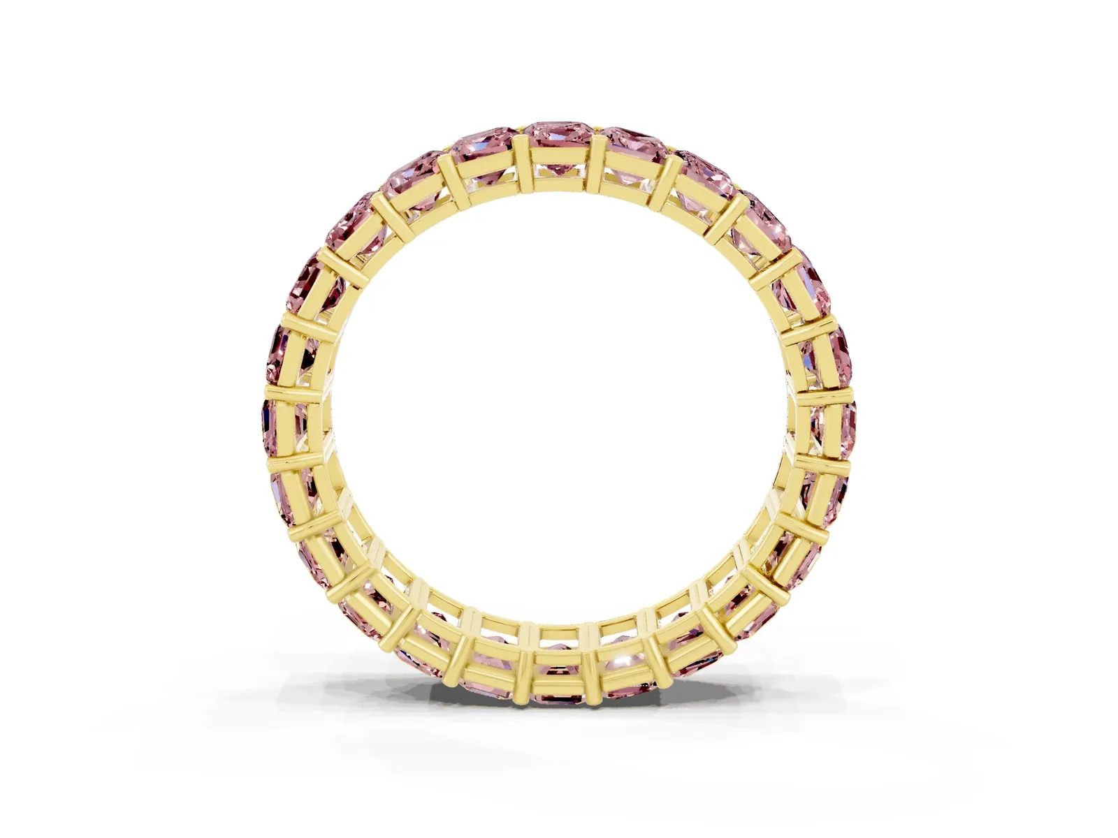 Emerald Cut Morganite Eternity Band with Shared Prong Setting Yellow gold