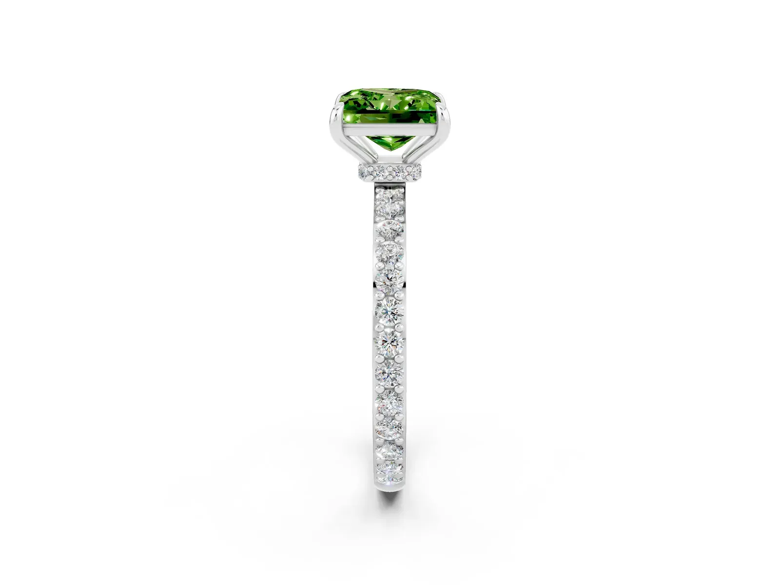 Princess Cut Peridot Solitaire Engagement Ring with Pavé Band and Four-Prong Setting Platinum