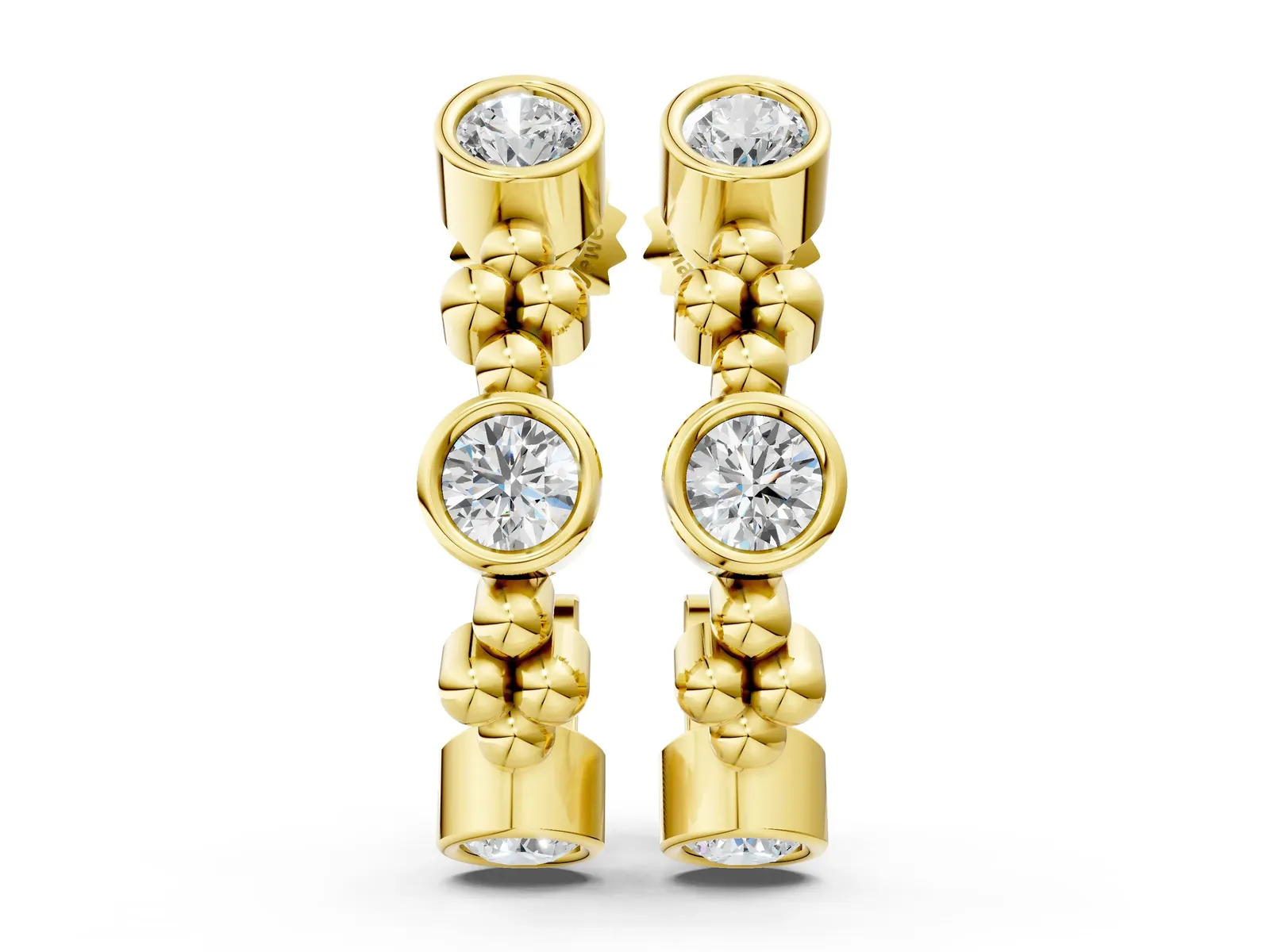 Bezel Set Round Diamond Beaded Hoop Earrings Yellow gold