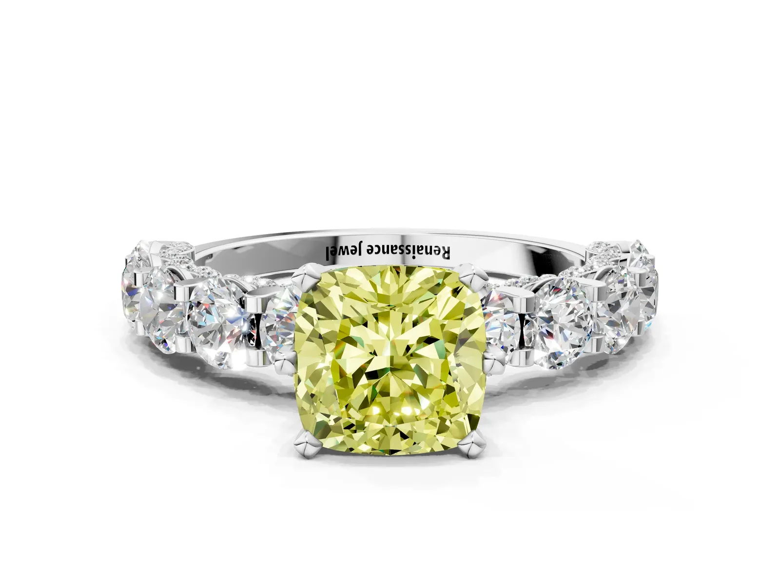 Fancy Yellow Cushion Cut Diamond Side Stone Engagement Ring with Four-Prong Setting Silver
